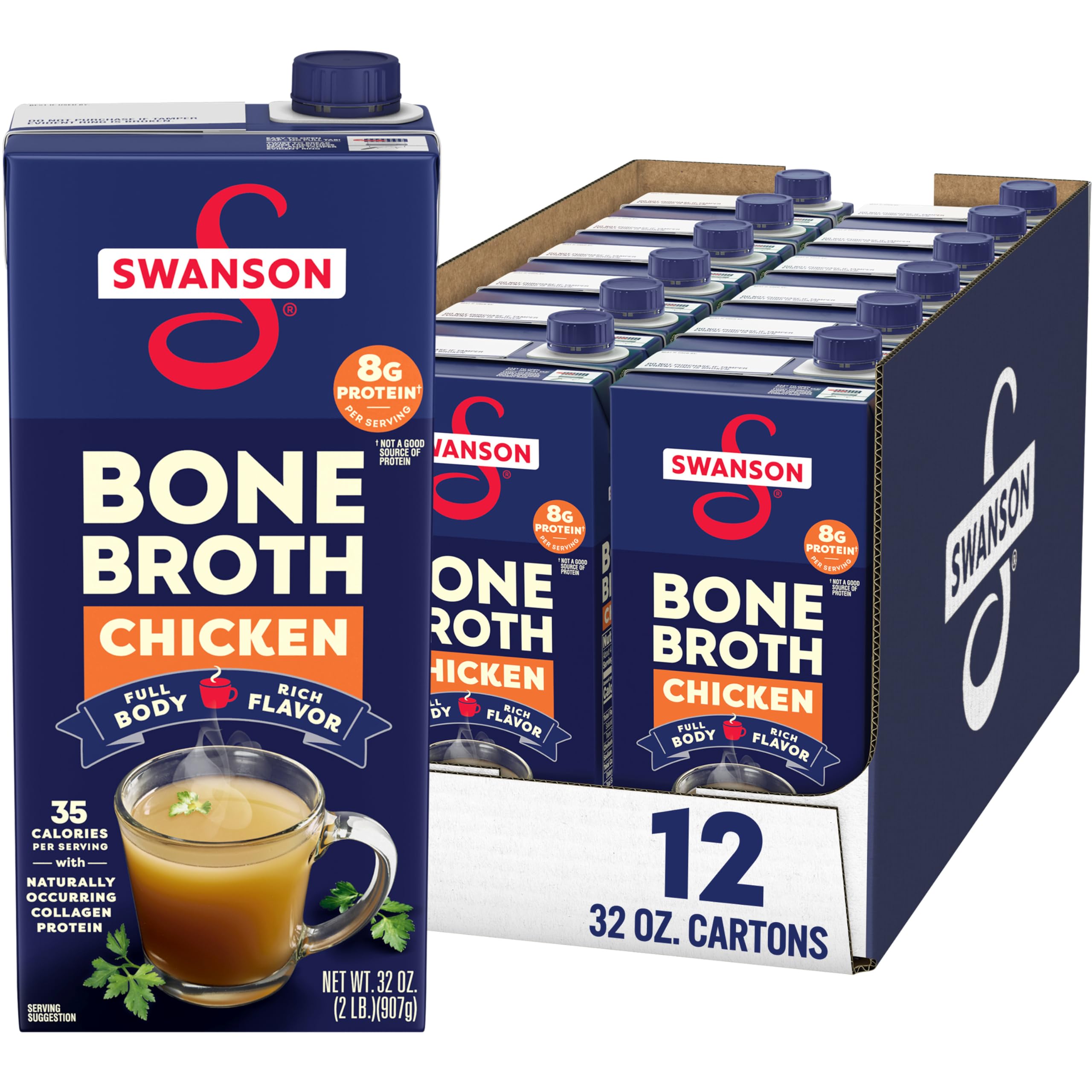 SWANSON S Chicken Bone Broth, 32 Ounce Resealable Carton (Pack of 12) 32 Ounce (Pack of 12)