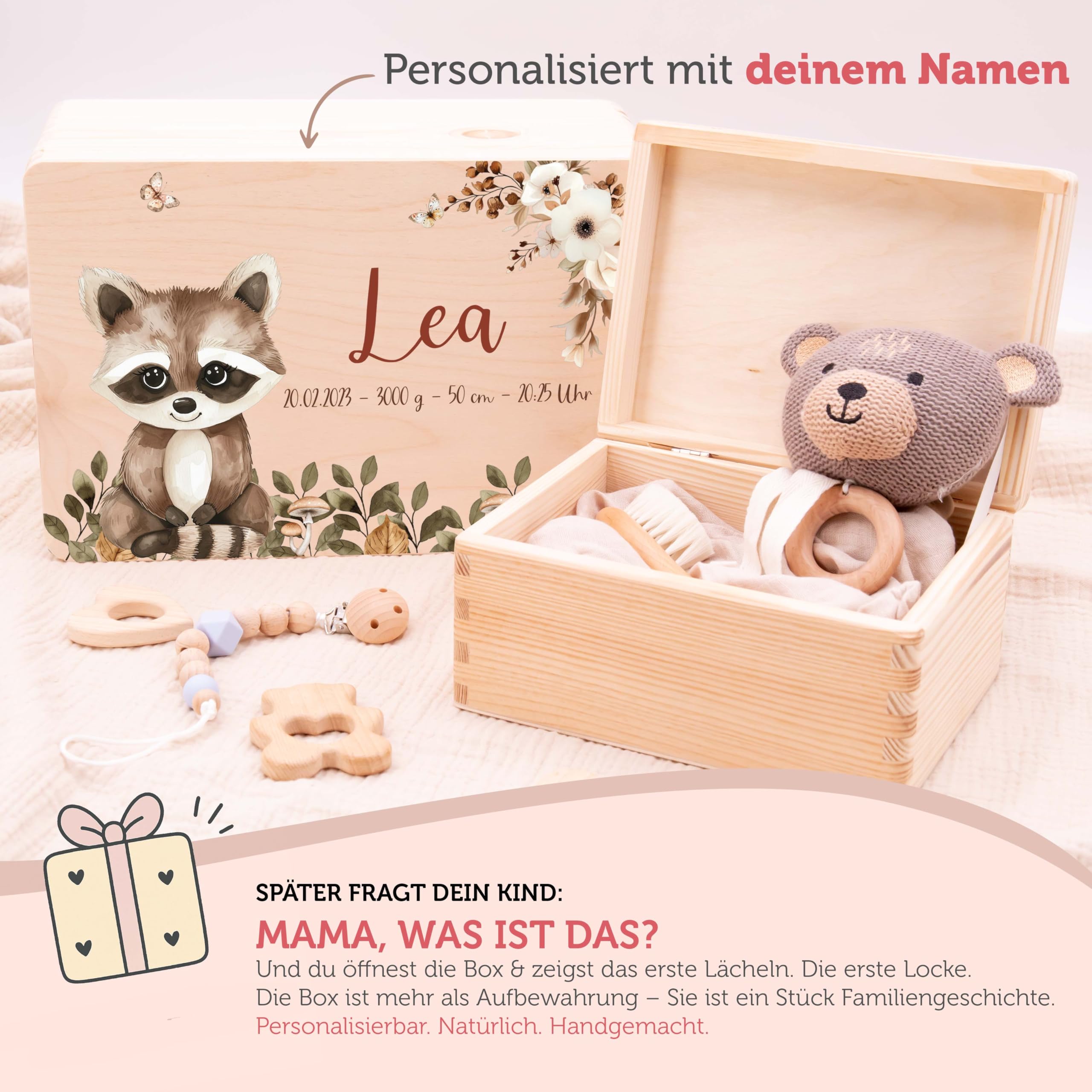 Erinnerungsbox Baby - Personalisierte Geschenke mit Namen | Holzkiste mit Deckel bedruckt mit Schadstofffreie Latextinte - Geschenke zur Geburt & Taufgeschenke für Mädchen & Jungen