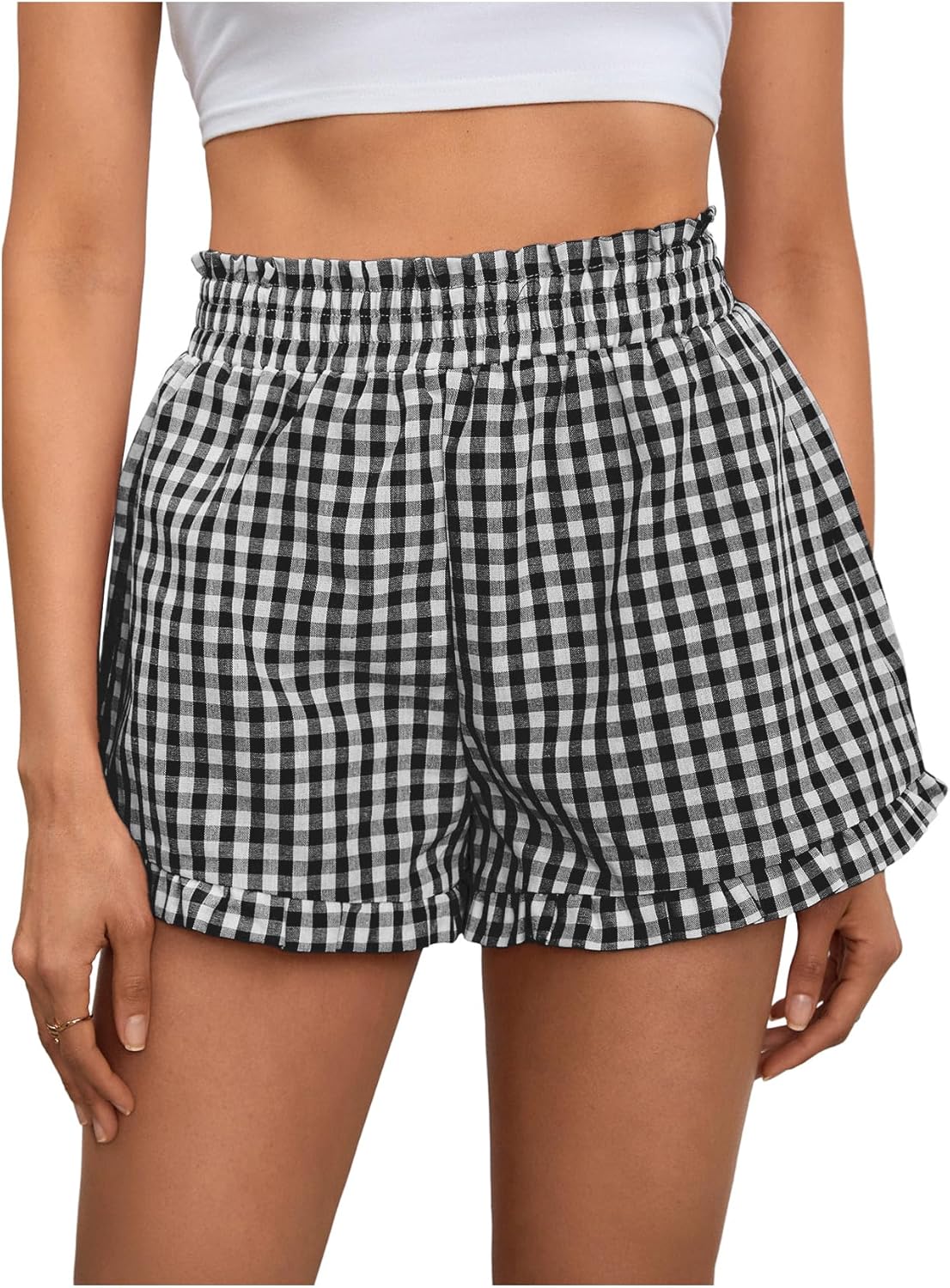 MakeMeChic Women's Gingham Ruffle Lounge Shorts Elastic High Waist Pajamas Boxer Shorts