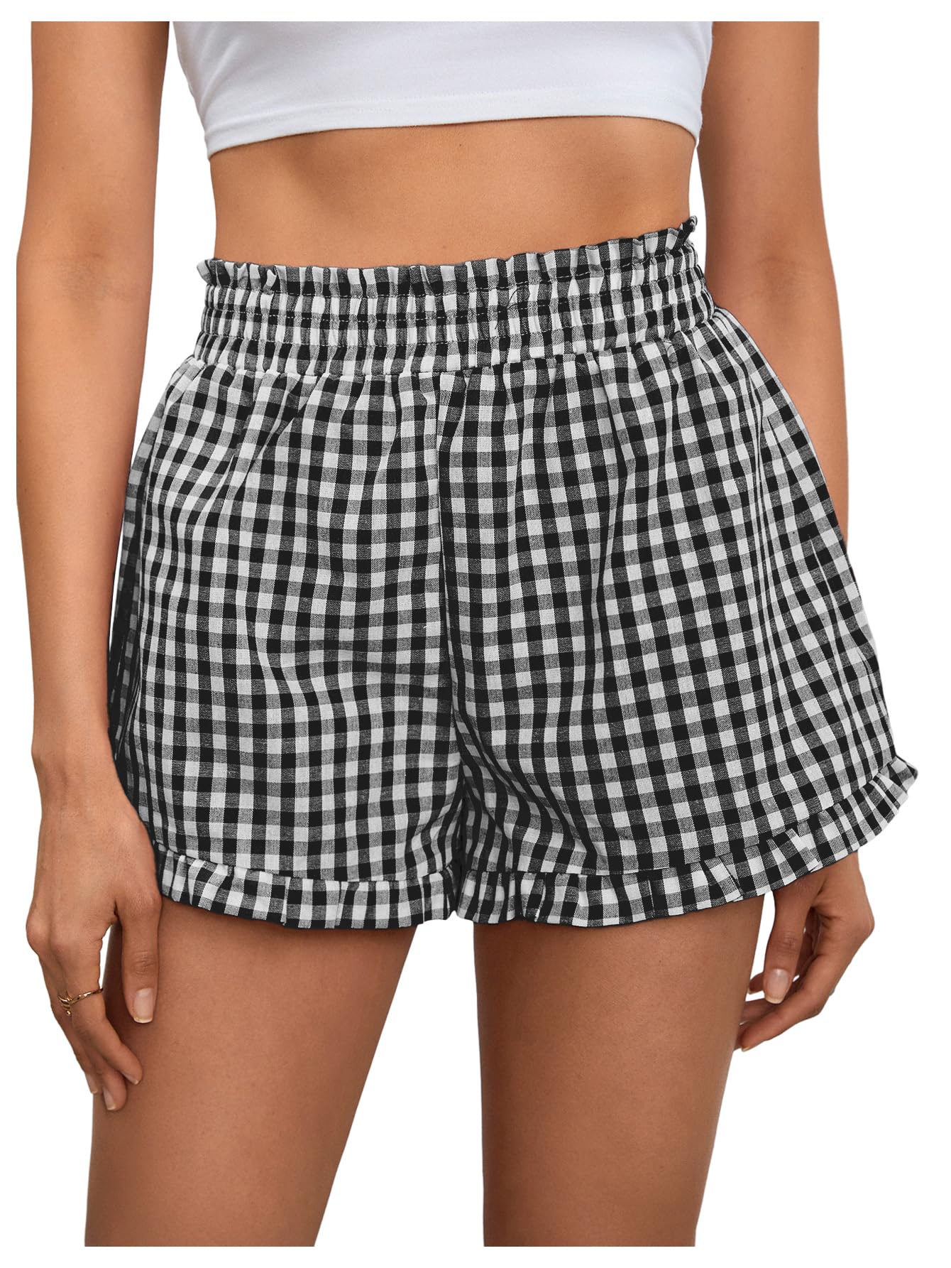 makemechic Women's Gingham Ruffle Lounge Shorts Elastic High Waist Pajamas Boxer Shorts-picture-44