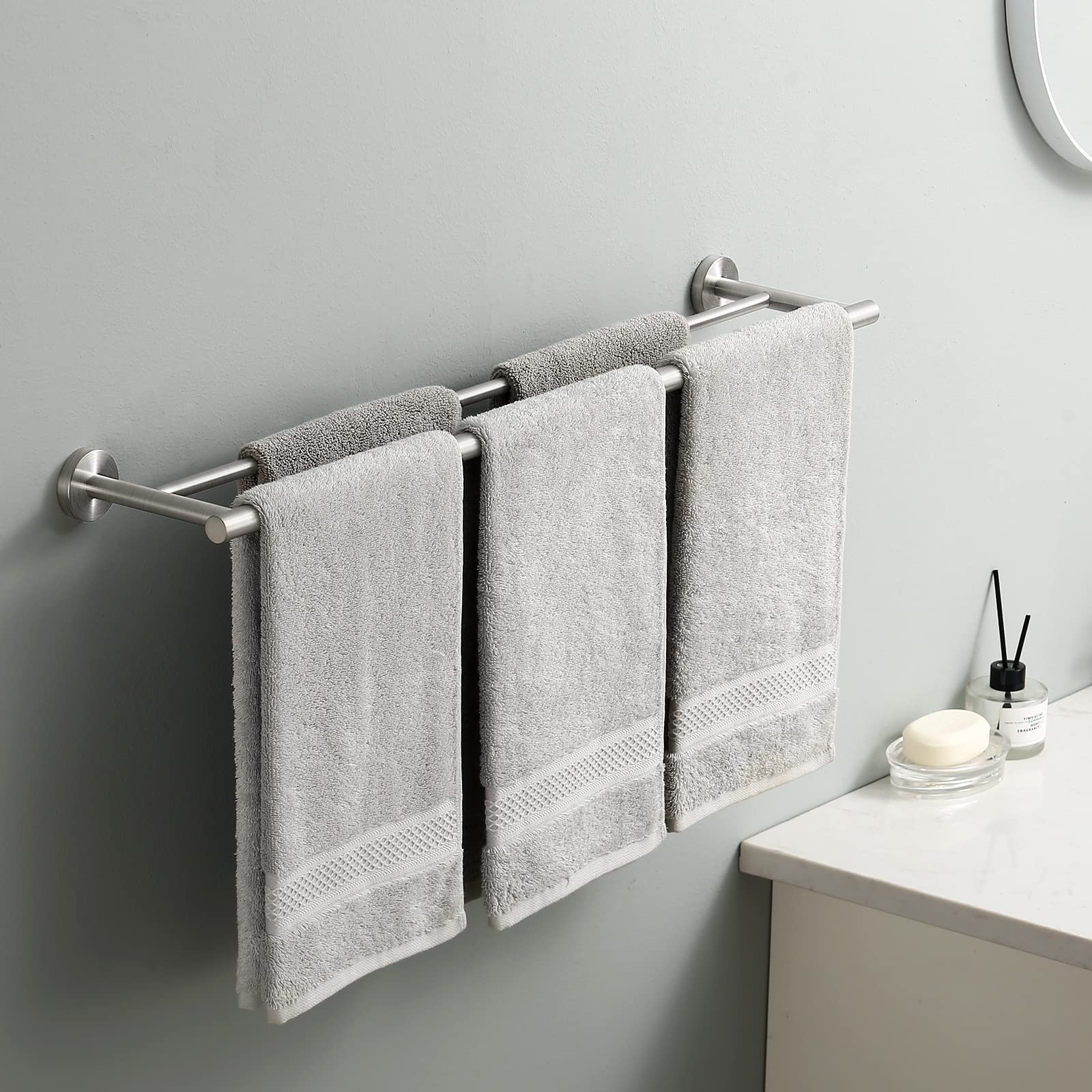 KES Double Porte-Serviettes en Acier Inoxydable Porte-Serviettes de Salle de Bain Cintre Mural Double Rail de Douche Rond Style Moderne Finition Brossée 75CM, A2001S75-2