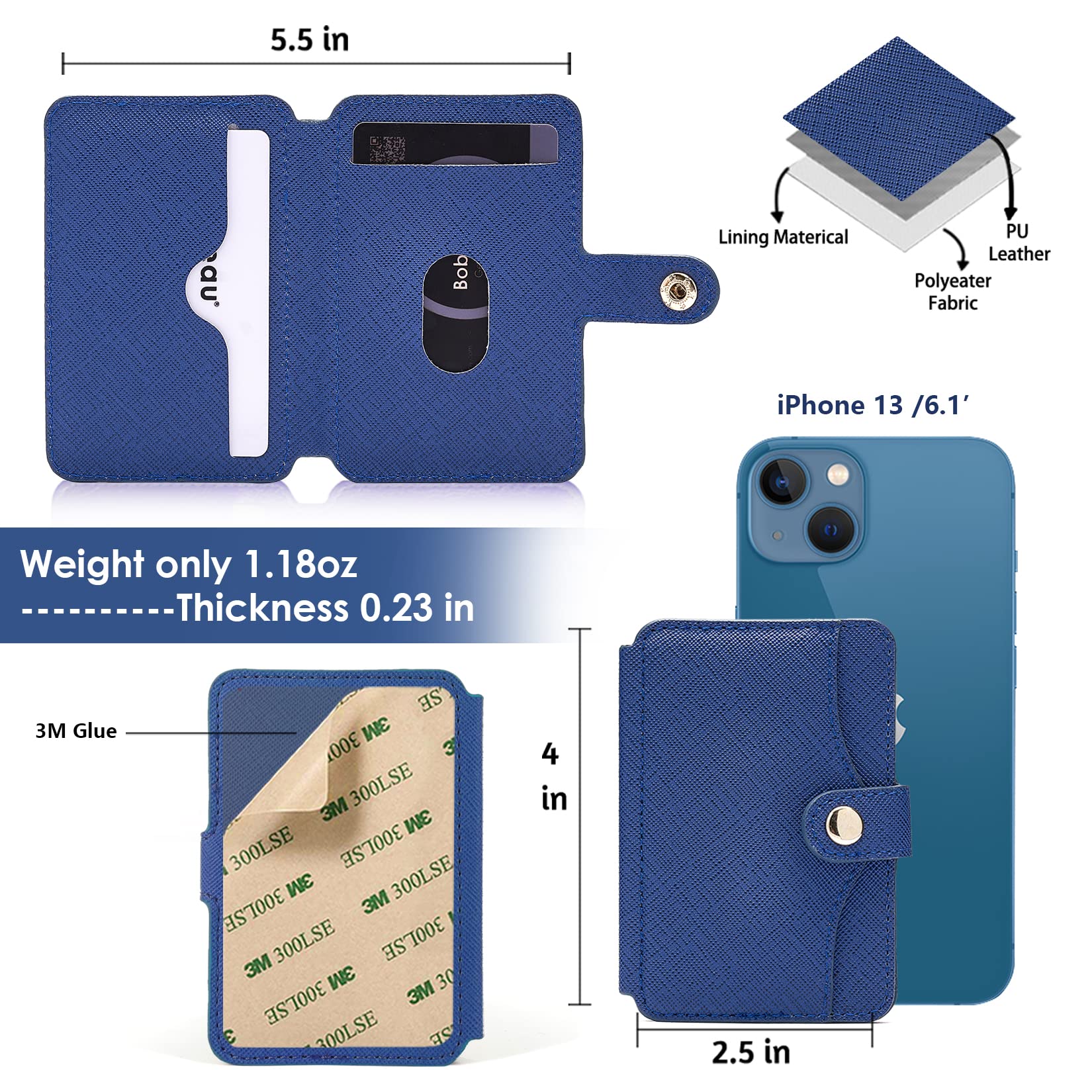 M-Plateau Tarjetero, billetera para hombre, con adhesivo delgado 3M, compatible con iPhone 14 Pro y la mayoría de teléfonos inteligentes (azul marino)