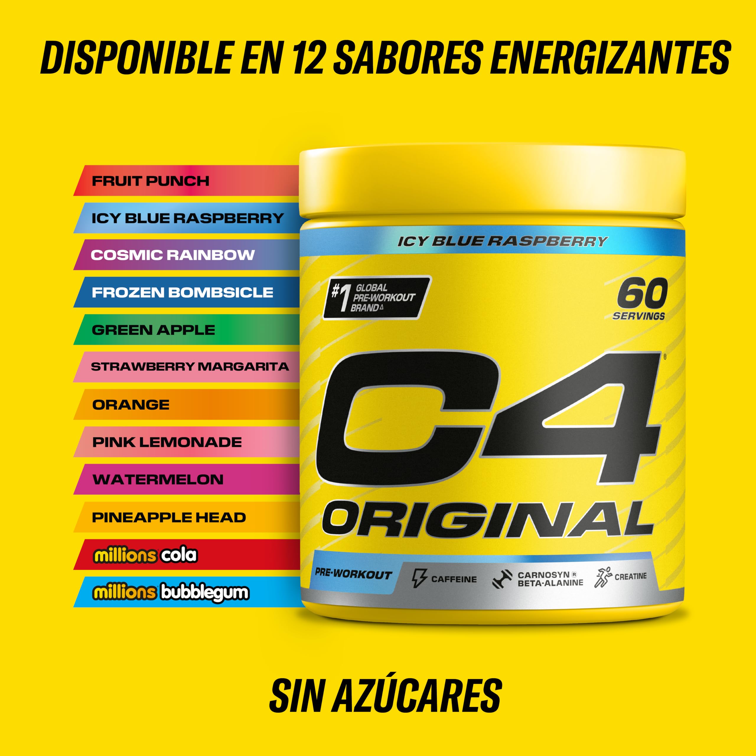 C4 Original Pre Workout Powder, Chicle, 60 porciones | Bebida energética en polvo para preentrenamiento Zero Sugar con 150 mg de cafeína, 1500 mg de monohidrato de creatina, 1600 mg de beta alanina