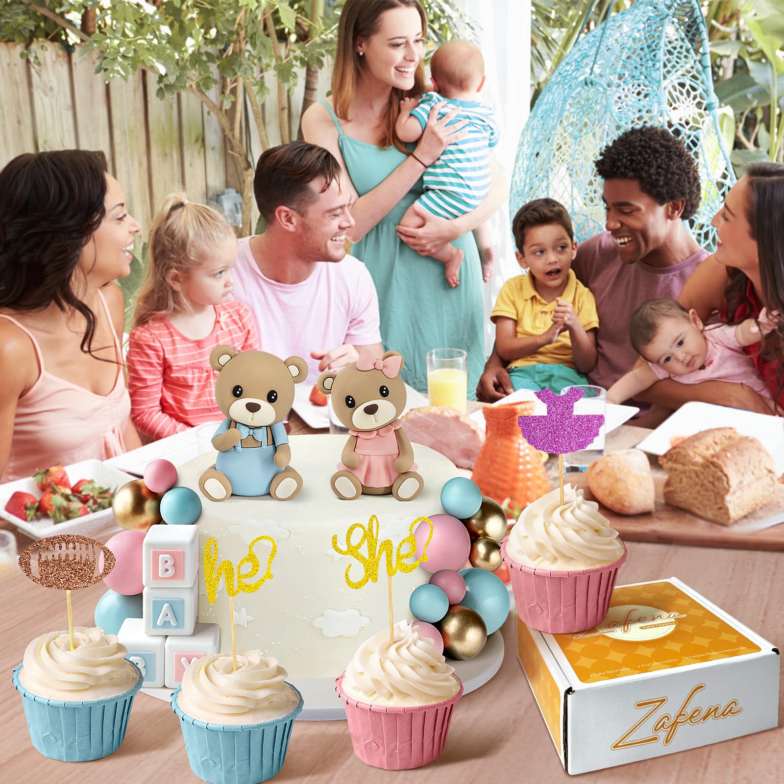34 piezas de decoración para tartas de revelación de género, decoración de oso para tartas con decoración de pastel para niños y niñas, revelación de género, baby shower, suministros de fiesta de