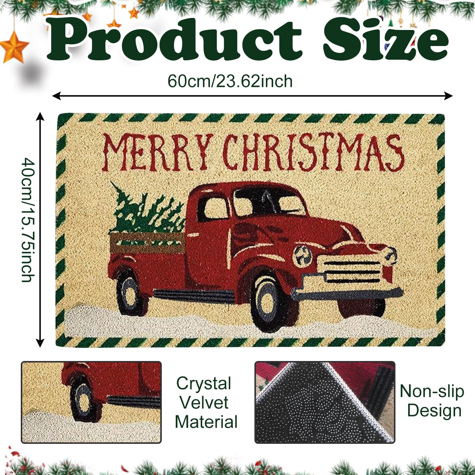 Fosdick Christmas Tree Truck Welcome Mat, Non-Slip Outdoor/Indoor 40x60cm, Red, 40 x 60 cm (Rectangular) - Image 3