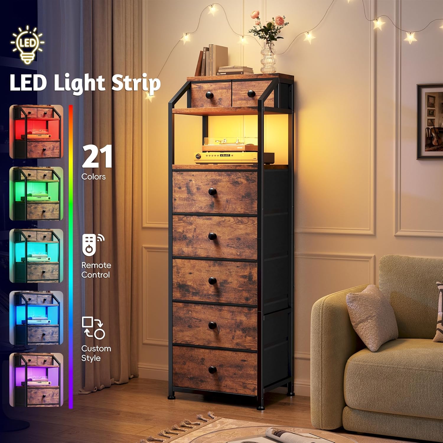 EnHomee 51.2" H Vertical Dresser with LED Lights, 7 Fabric Drawers Dresser for Bedroom, Sturdy Nightstands with Open Wood Shelf, Metal Frame, Bedside Table for Dorm, Entryway, Bathroom (Rustic Brown) - Image 5