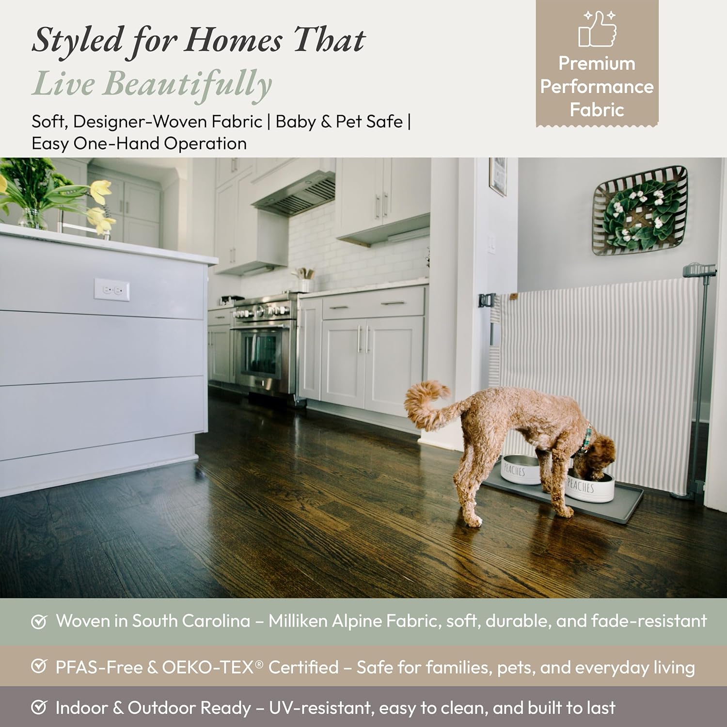 Crafted Gates Modern Fabric Baby Gate – Indoor Safety Gate with Premium Milliken Alpine Performance Fabric, Pet & Toddler Barrier, Designer Look – Easy Install – USA Made