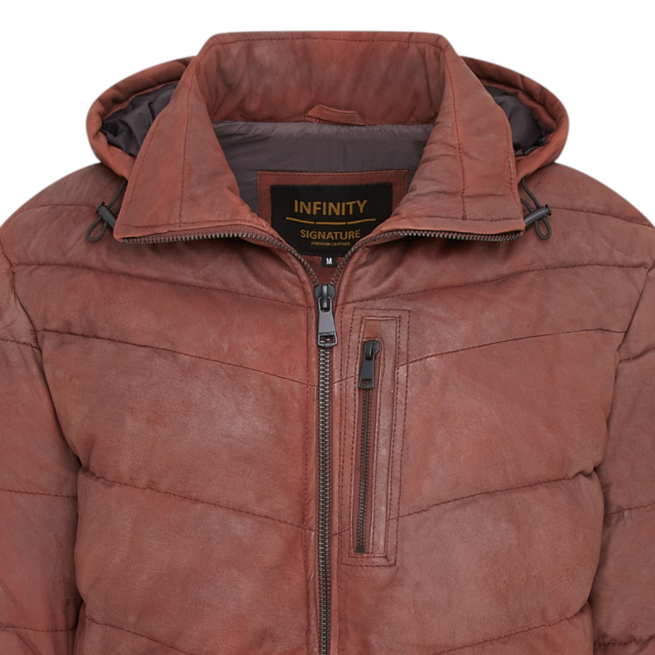 Infinity Leather Piumino da Uomo in Vera Pelle di Agnello con Cappuccio – Cappotto Invernale Trapuntato a Zig Zag Caldo Capospalla in Pelle Isolante con Cappuccio Rimovibile e 6 Tasche