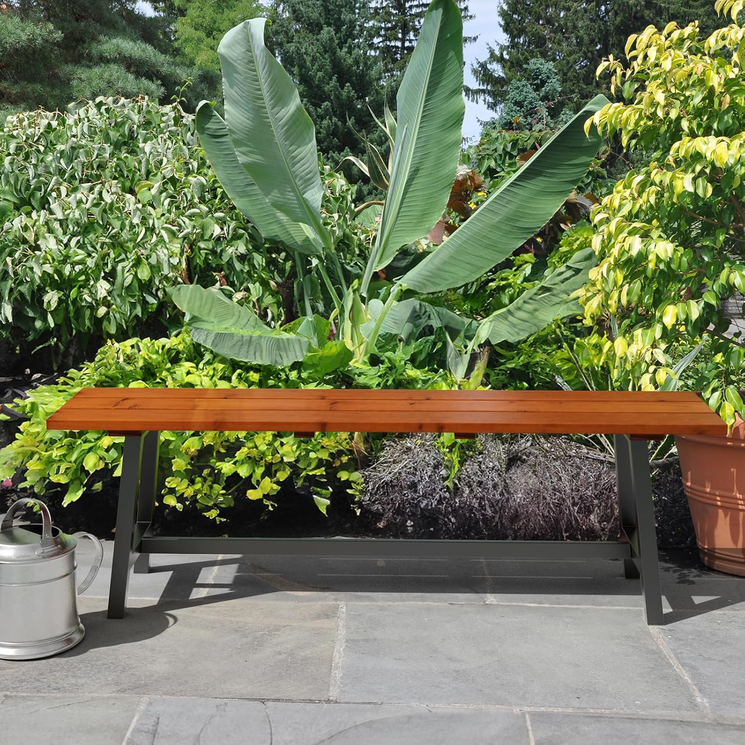VINGLI Outdoor Wooden Bench, 45” 2-Person Backless Dining Bench, Weatherproof Outdoor Patio Bench for Porch Entryway Garden (1, Brown ＆ Black)