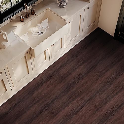 Miniatura 26 de Azulejos de suelo para despegar y pegar, cubierta de 30 pies cuadrados, aspecto de grano de madera roja natural, impermeable, autoadhesiva y Marrón