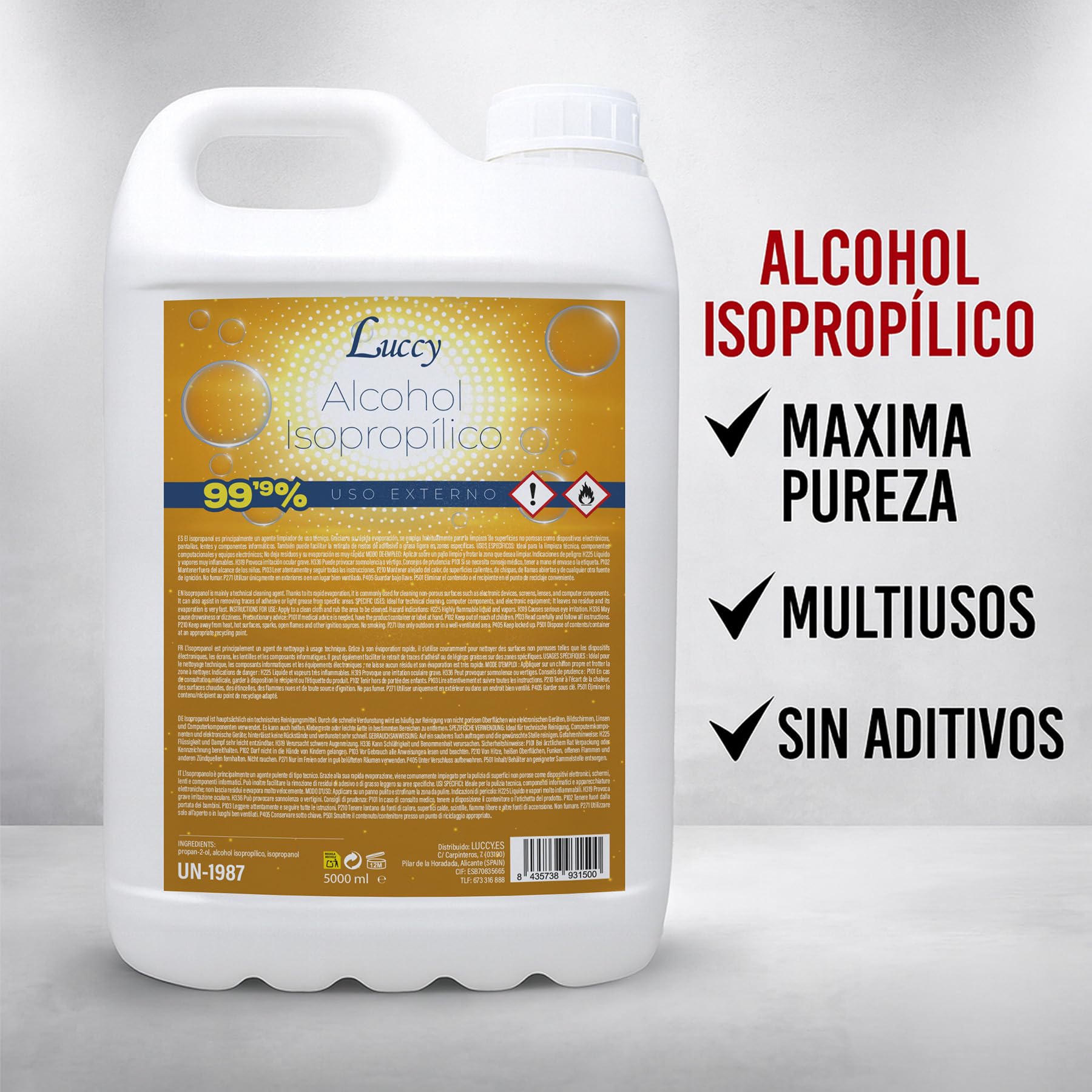 Luccy Alcohol Isopropílico 99,9% Puro 20 L | Isopropanol | Limpieza de Superficies y Componentes Electrónicos