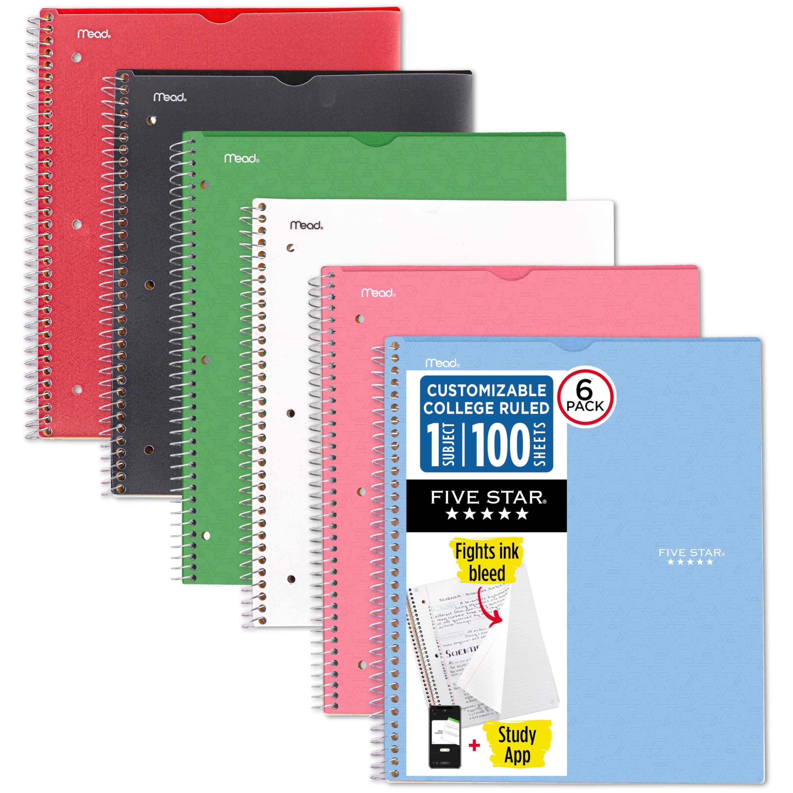 Five Star Quaderno a spirale + app per studio, confezione da 6, 1 soggetto, carta a righe universitaria, combatte lo spurgo dell'inchiostro, copertina resistente all'acqua, 20,1 x 28 cm, 100 fogli,