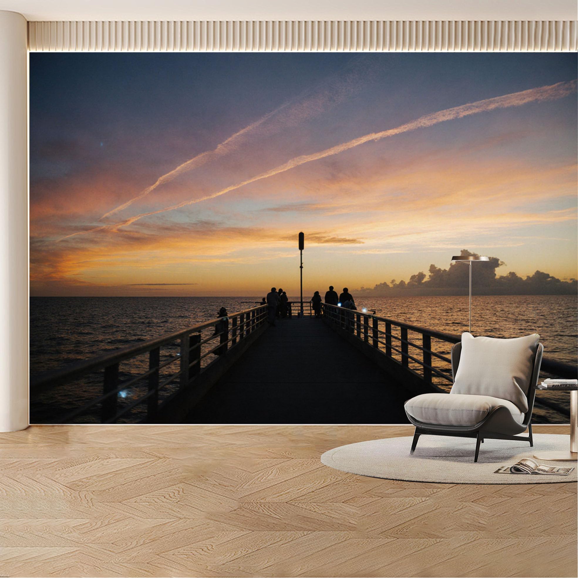 Custom Wall Mural Wallpaper Ocean Pier Sunset Landscape Nature 3D Effect Wall Decor Large Wall Art for Living Room， Bedroom， Office
