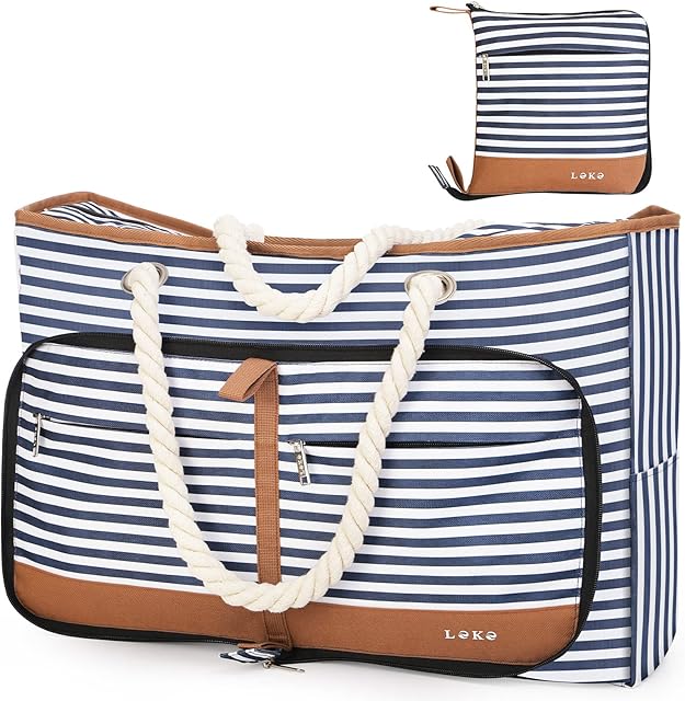 Lekesky Beach Bag For Women Weekend Bag Women Overnight Bag Duffel Bag Women Beach Bag With Zipper,Bottom Elastic Strap For Carrying Beach Picnic Mat,Blue Striped