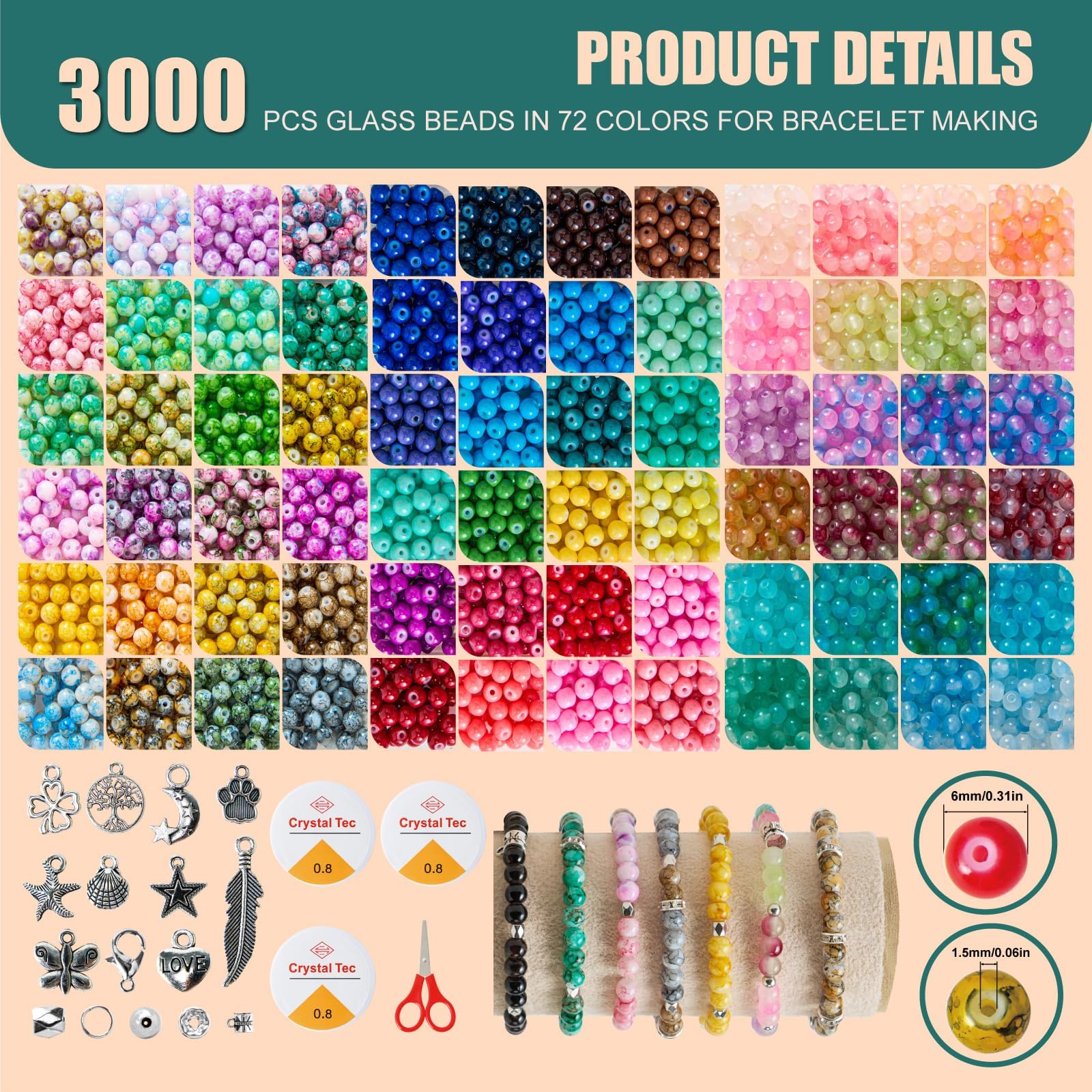 Kit de cuentas de vidrio para hacer joyas, juego de 3 cajas de 24 colores cada uno, 3000 cuentas redondas coloridas para manualidades, pulseras, collares, aretes, llaveros, cuentas de cristal