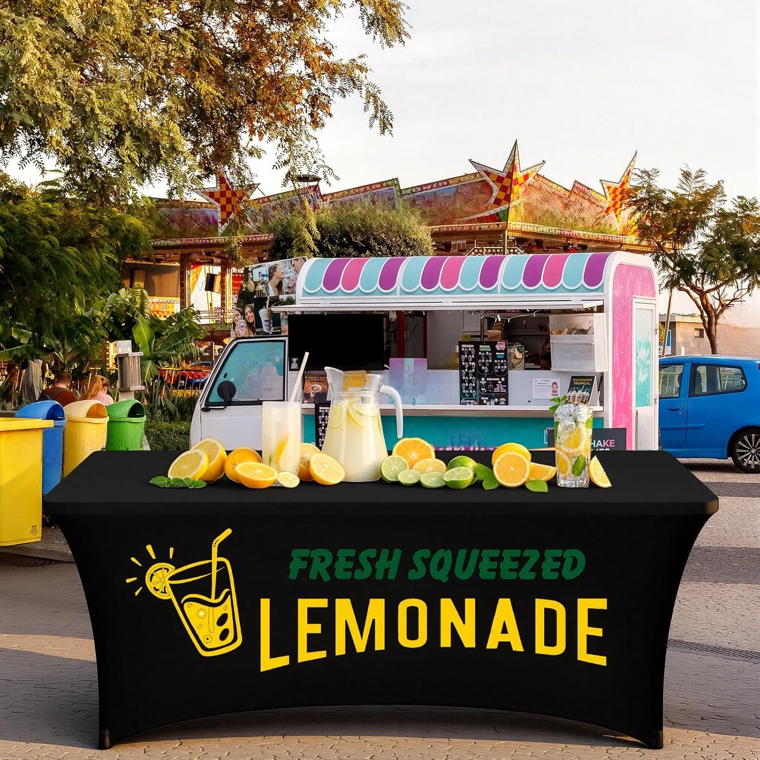 Oudain 6ft Lemonade Open Back Stand Tablecloth Stretch Spandex Black Table Cover Lemonade Stand Supplies for Standard Folding Tables Summer Party Tablecloth Universal Rectangular Fitted Protector