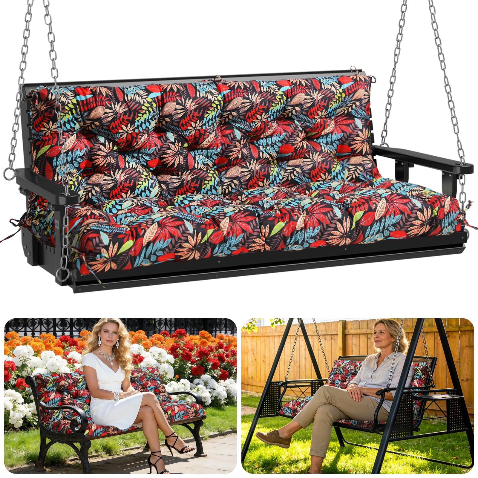 Porch Swing Cushions Outdoor 70 inch x 40 Waterproof Swing Cushions 3 Seater Replacement with Backrest &amp; 8 Ties 5" Thick Bench Swing Cushions for Outdoor Furniture Patio(Red Leaves)