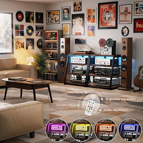 Vista 12 de Armocity Soporte multimedia AV de 4 niveles con regletas de alimentación, soporte estéreo con luces LED, torre de audio en rack con estantes