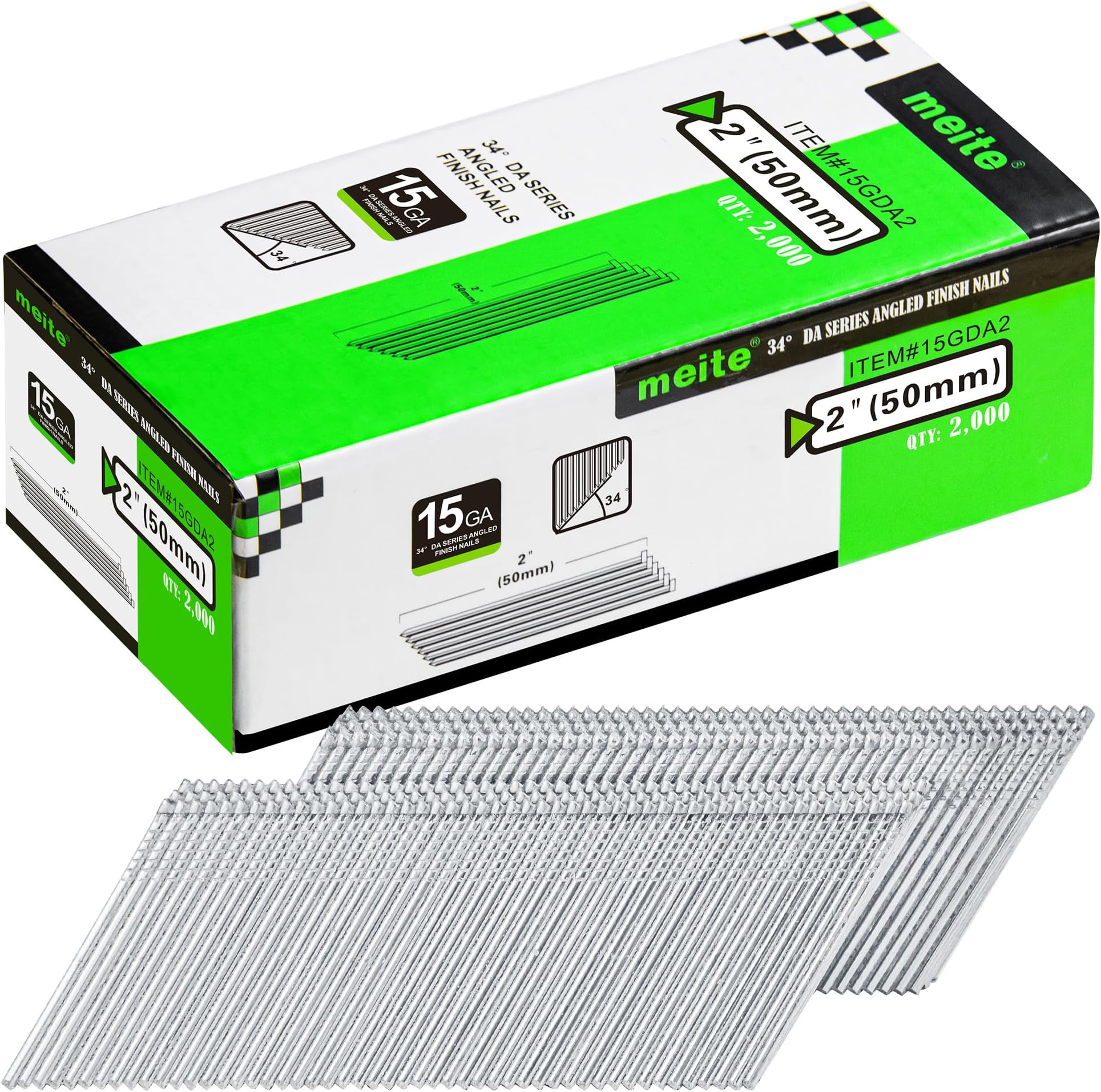 DA50 Type 15G / 50 mm Angled Finish Nails, 15 Gauge 34 Degree Galvanised Angled Finishing Nails for Nail Guns - Ideal for Woodworking, Upholstery, and Framing Projects (2,000 Counts)