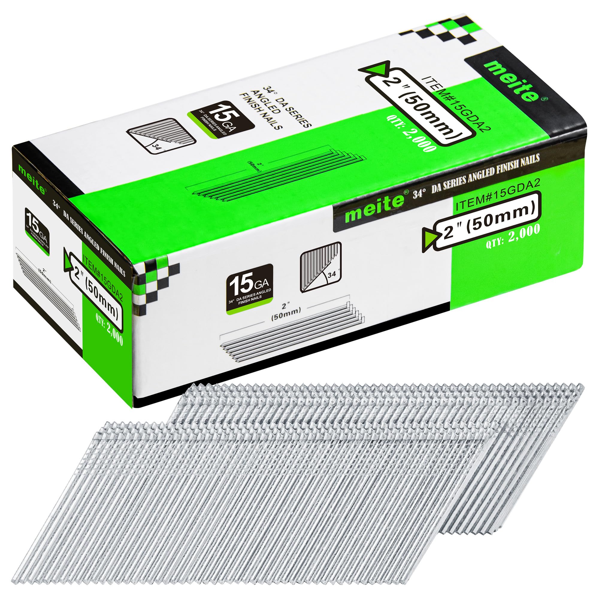 meite 15 Gauge Angled Finish Nails, 2-Inch 34 Degree DA Series Galvanized Finishing Nails for Nailer Guns - Perfect for Window Trim, Cabinet Building and Other DIY Projects (2,000 Counts)