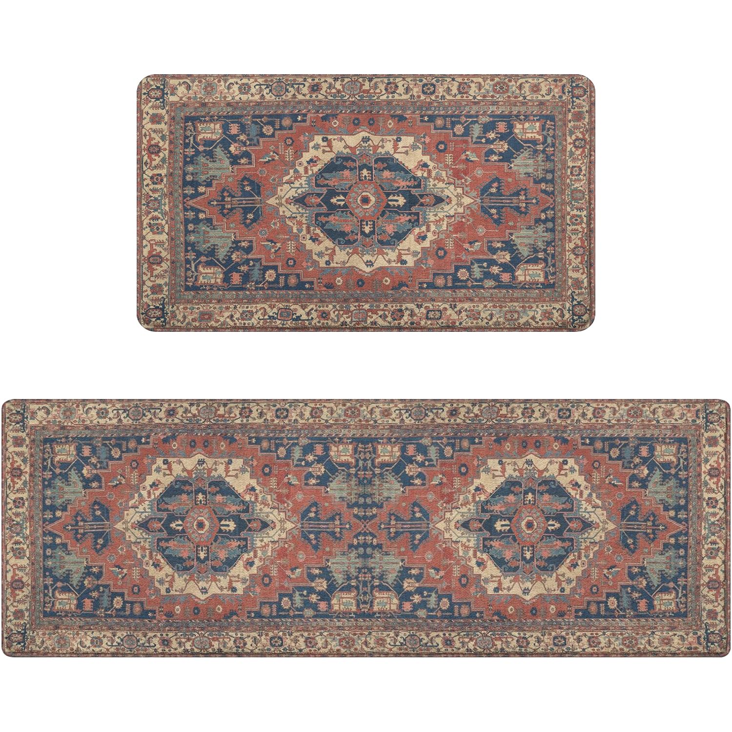 Vintage Rust Boho Kitchen Rugs Set of 2, Northwest Farmhouse Style Geometric Ethnic Oriental Kitchen Mats for Floor,Non-Slip Washable Sink Mats Home Decor Doormat+Runner Rug