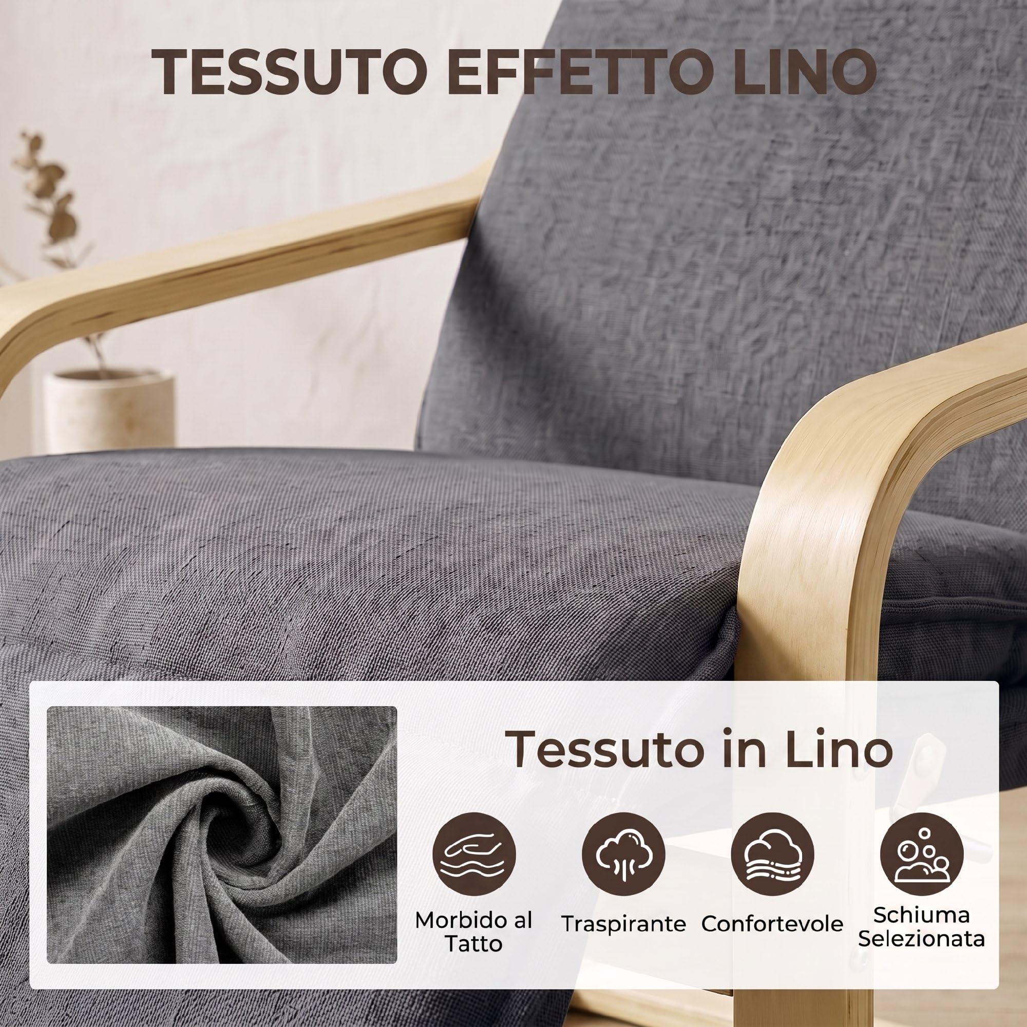 HOMCOM Poltrona Camera da Letto in Legno di Betulla con Poggiapiedi, Poltroncina Dondolo Ergonomica in Tessuto Effetto Lino, Seduta Imbottita, Braccioli Curvi, per Salotto e Soggiorno, Grigio Scuro
