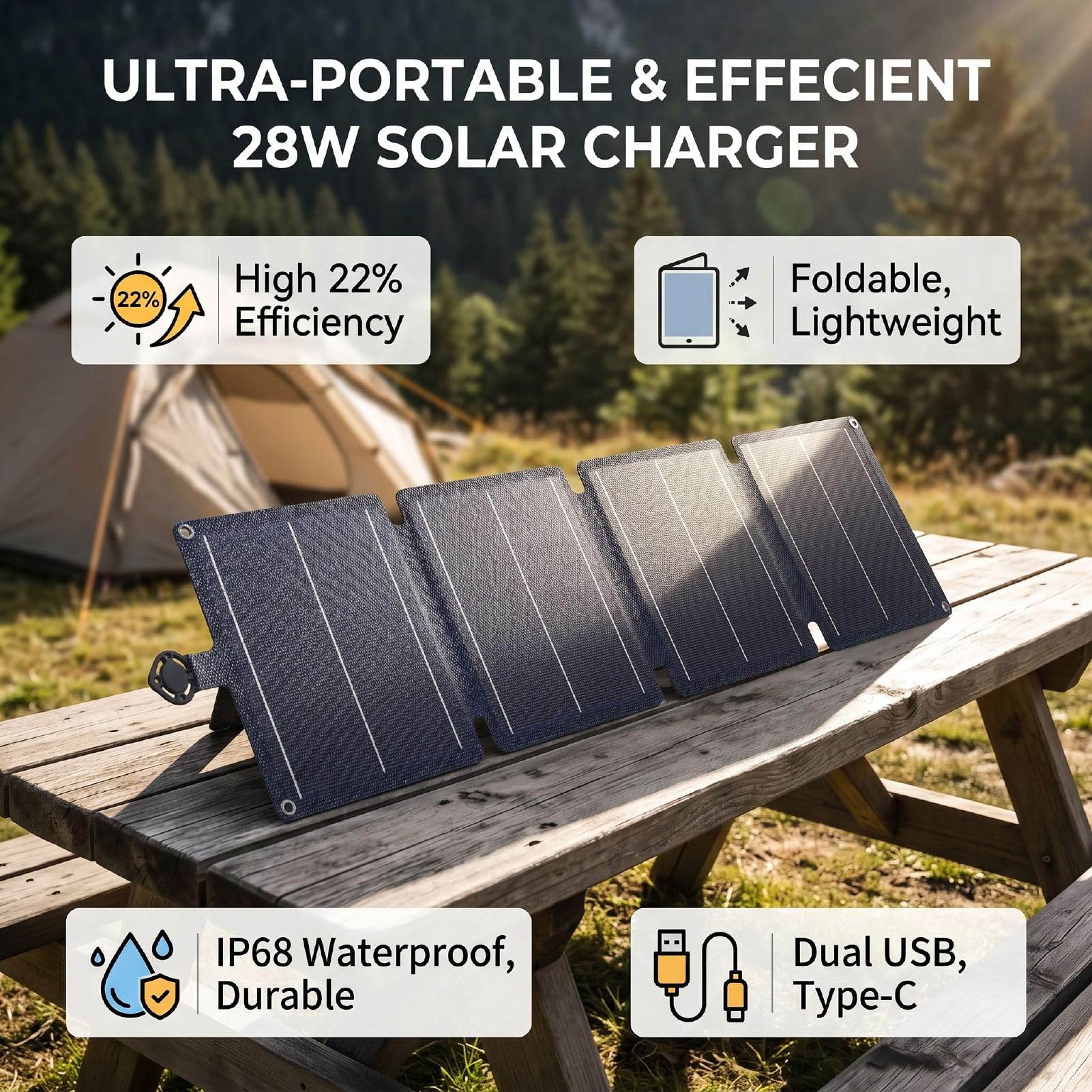 Matybobe Cargador Solar Plegable 28W con Panel ETFE y Salidas USB Tipo C