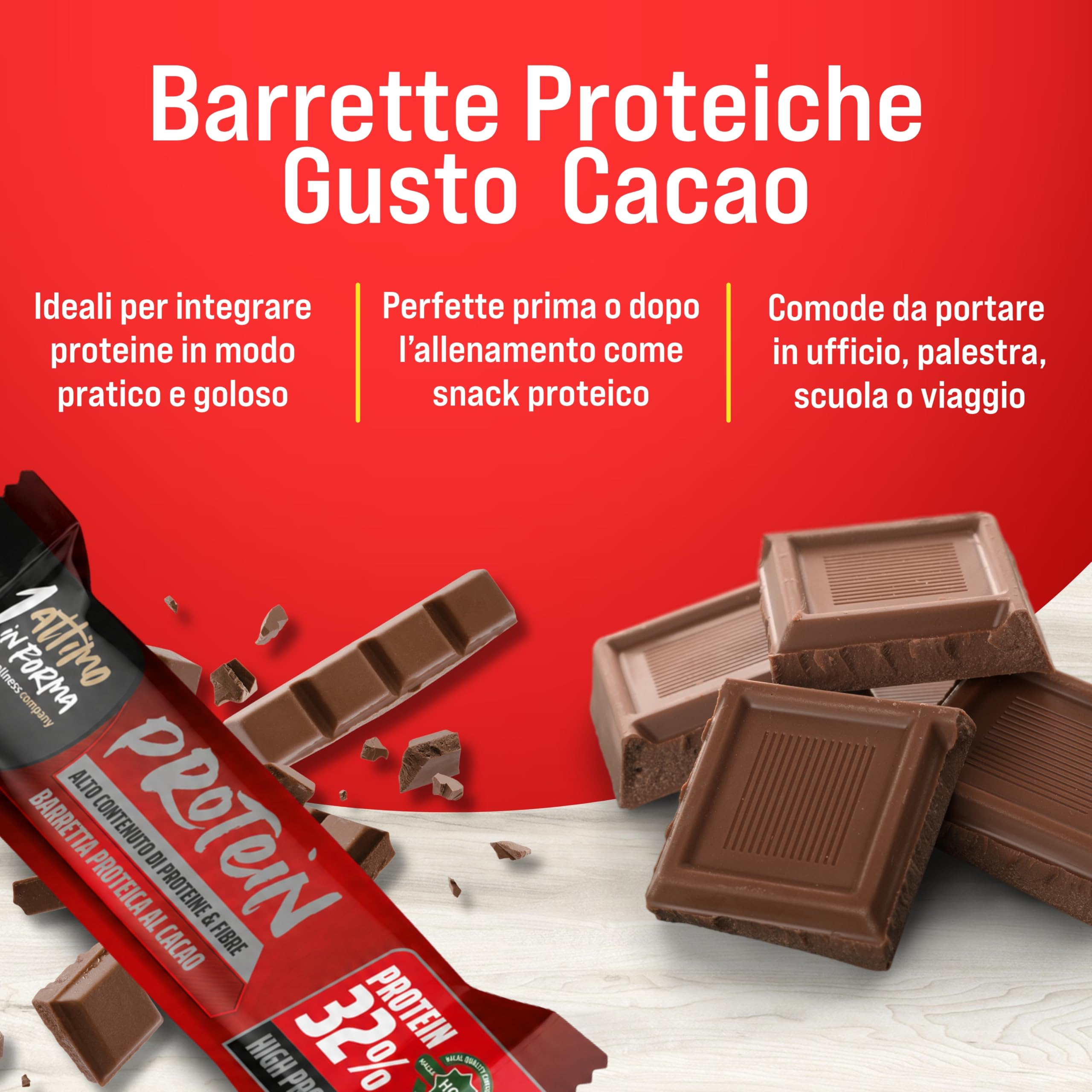 1 ATTIMO IN FORMA Barrette Proteiche 32% Protein Barretta Proteica set 24x50g con Crema di Cacao e Croccantini di Soia, Snack Proteico Fonte di Proteine e Fibre