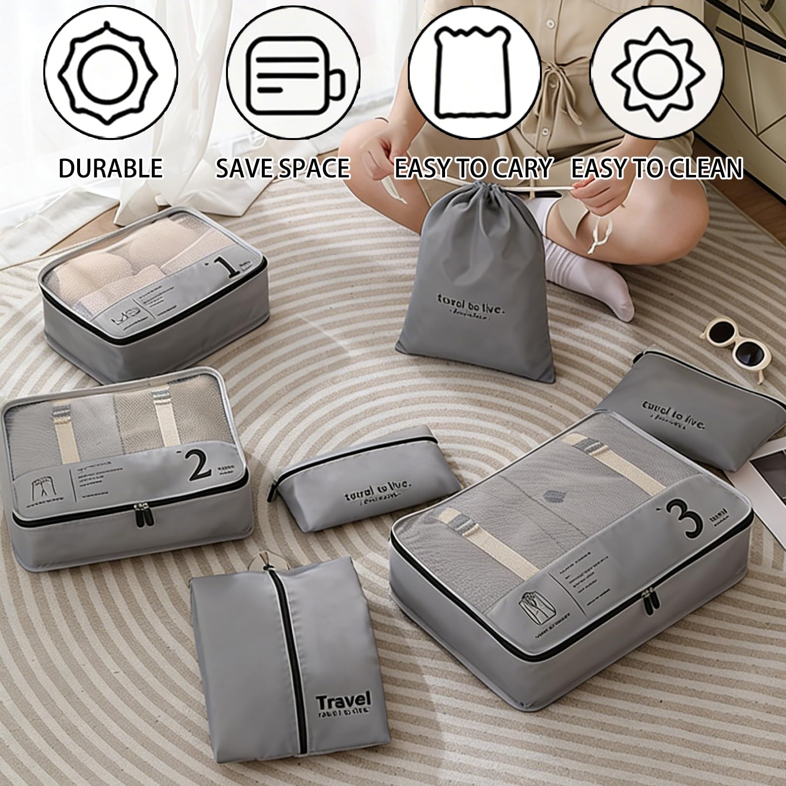 Set di 7 cubi per valigie, organizer leggeri per bagagli, accessori da viaggio, organizer per valigie a compressione, set di borse e cubi da viaggio, per viaggi, borse da imballaggio per vestiti