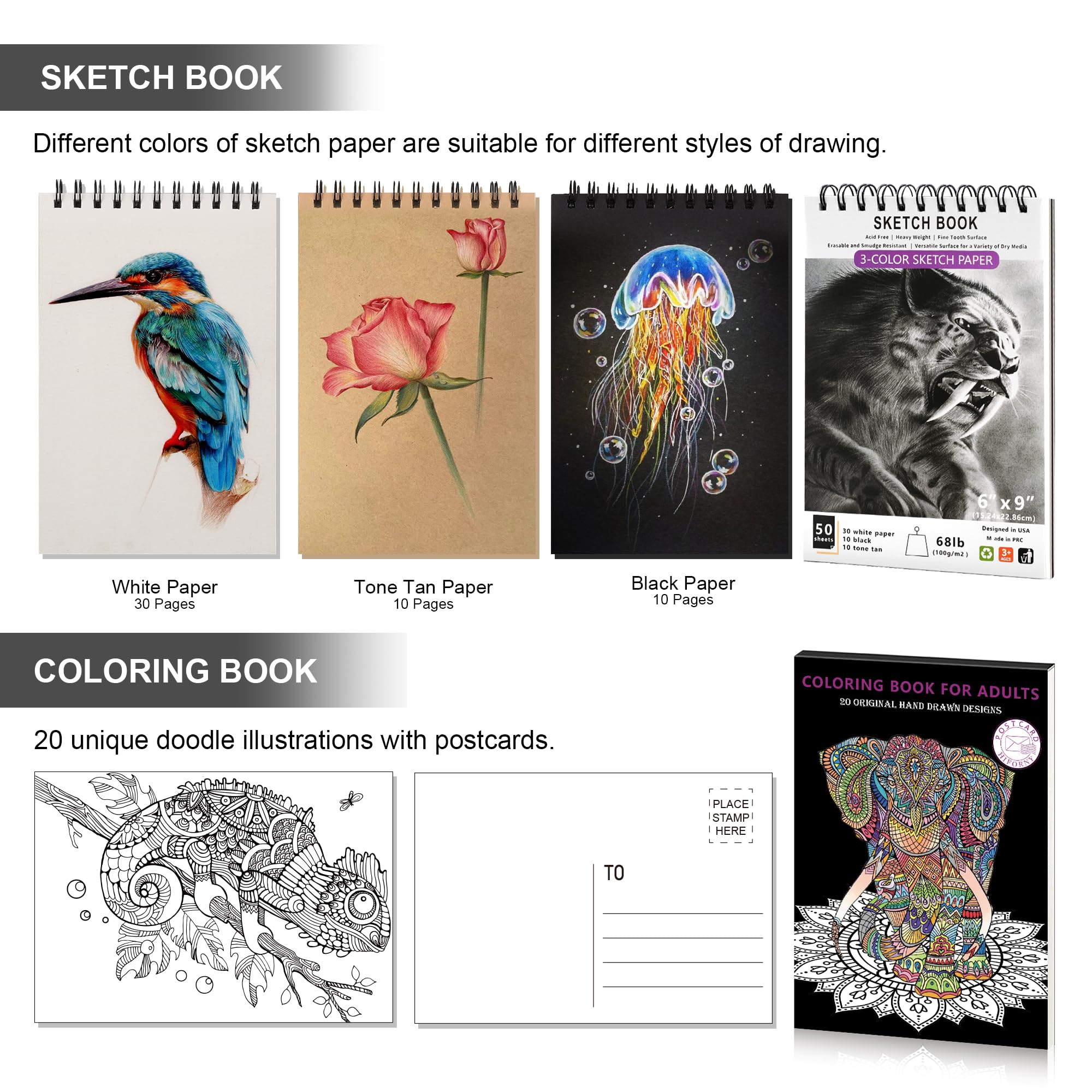 HIFORNY 120-teiliges Zeichen-Set, Künstlerbedarf mit 3 Farbskizzenbüchern, Malbuch, Regenbogen, Aquarell, Metallic, Graphit, Schwarz und Bunt, Mischwerkzeuge und