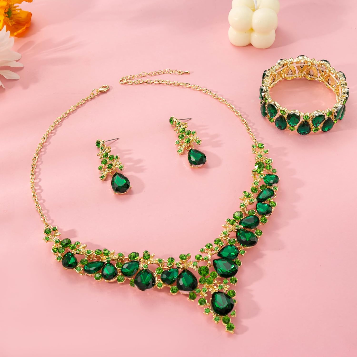 Elegant Bridal Wedding Jewelry Set for Women/Brides/Bridesmaids Teardrop Crystal Leaf Cluster Jewelry Set for Wedding Prom Party Bridal Bridesmaids Rhinestone Crystal Necklace Earrings Bracelet Set - Image 5