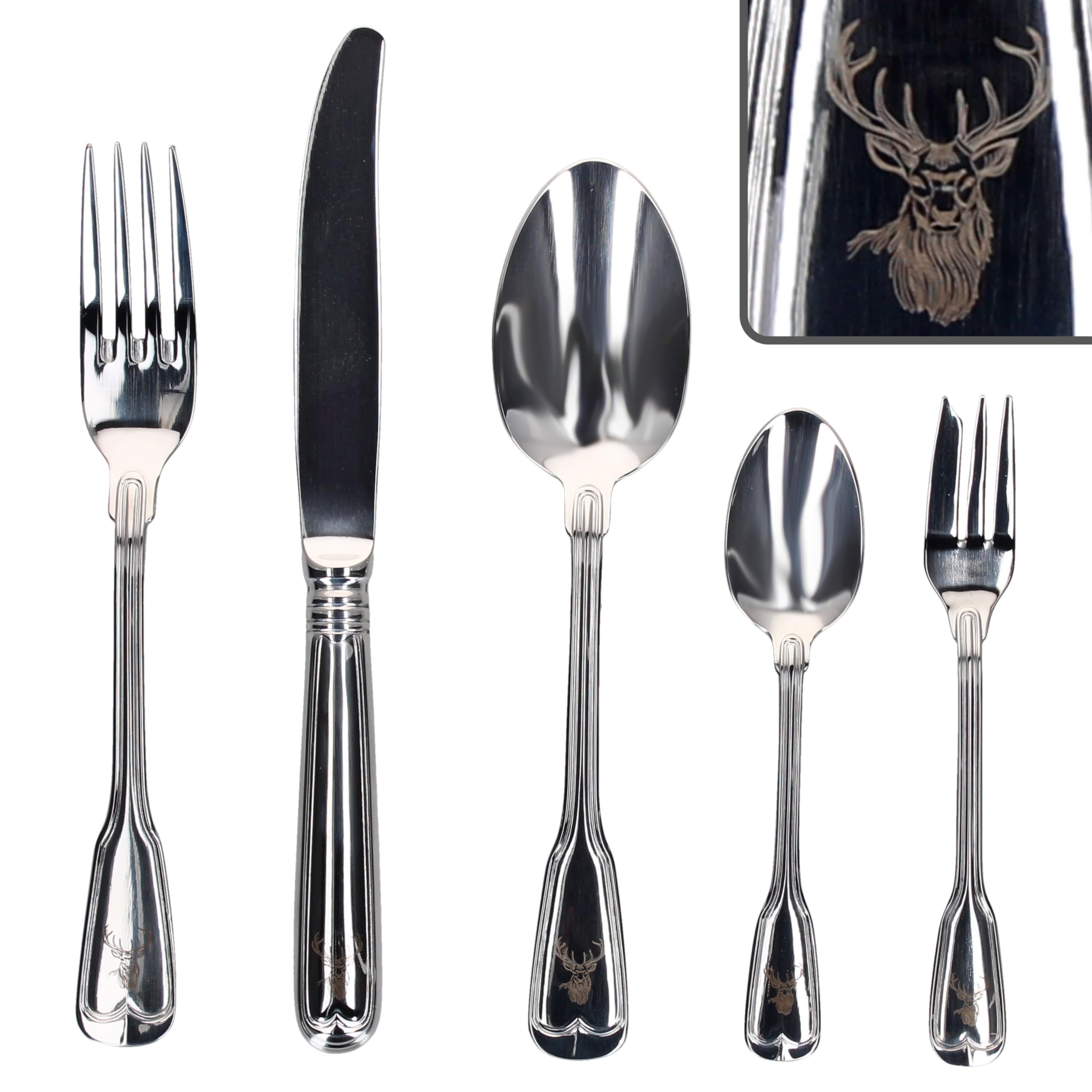 MamboCat Alois 60tlg Komplett-Besteck-Set I für 12 Personen I Augsburger Faden mit Hirsch-Design I aus rostfreiem poliertem 18/10 Edelstahl & Klingenstahl I Gabel, Messer & Löffel