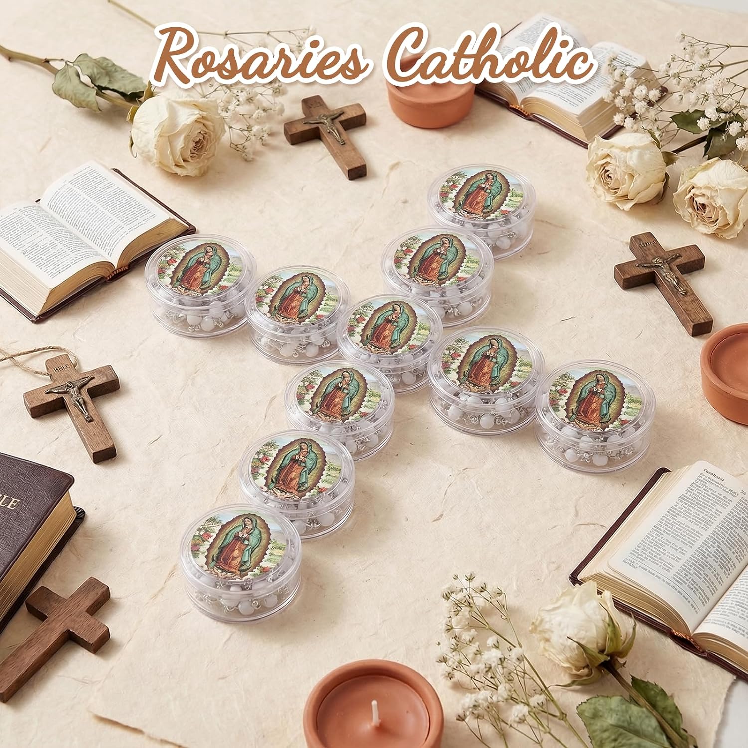 24 Pcs Rosaries Catholic Rosary Beads Baptism Favors First Communion Gifts with Gift Box Cross Necklace Carved Religious Items for Church Events Funeral Ceremony Holy Communion Party Supplies