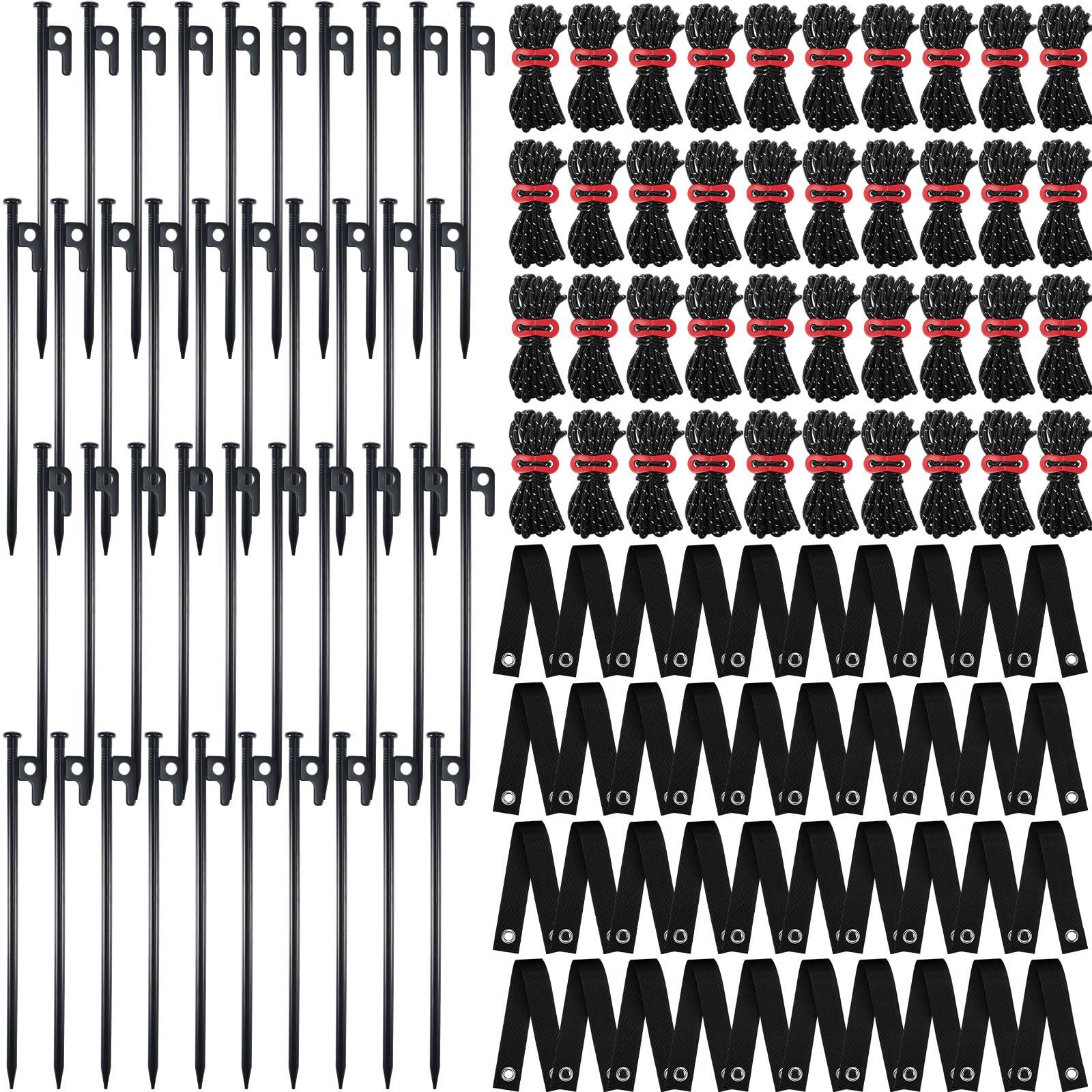 Suzile 120 Stück Baumpfähle und Stützen, robustes Baumpfahl-Set für junge Bäume, anlehnende Baumanker, Richtungs-Set enthält 30 cm Stahlpfähle, 40 cm Stützgurte, 4 m Seile (schwarz)