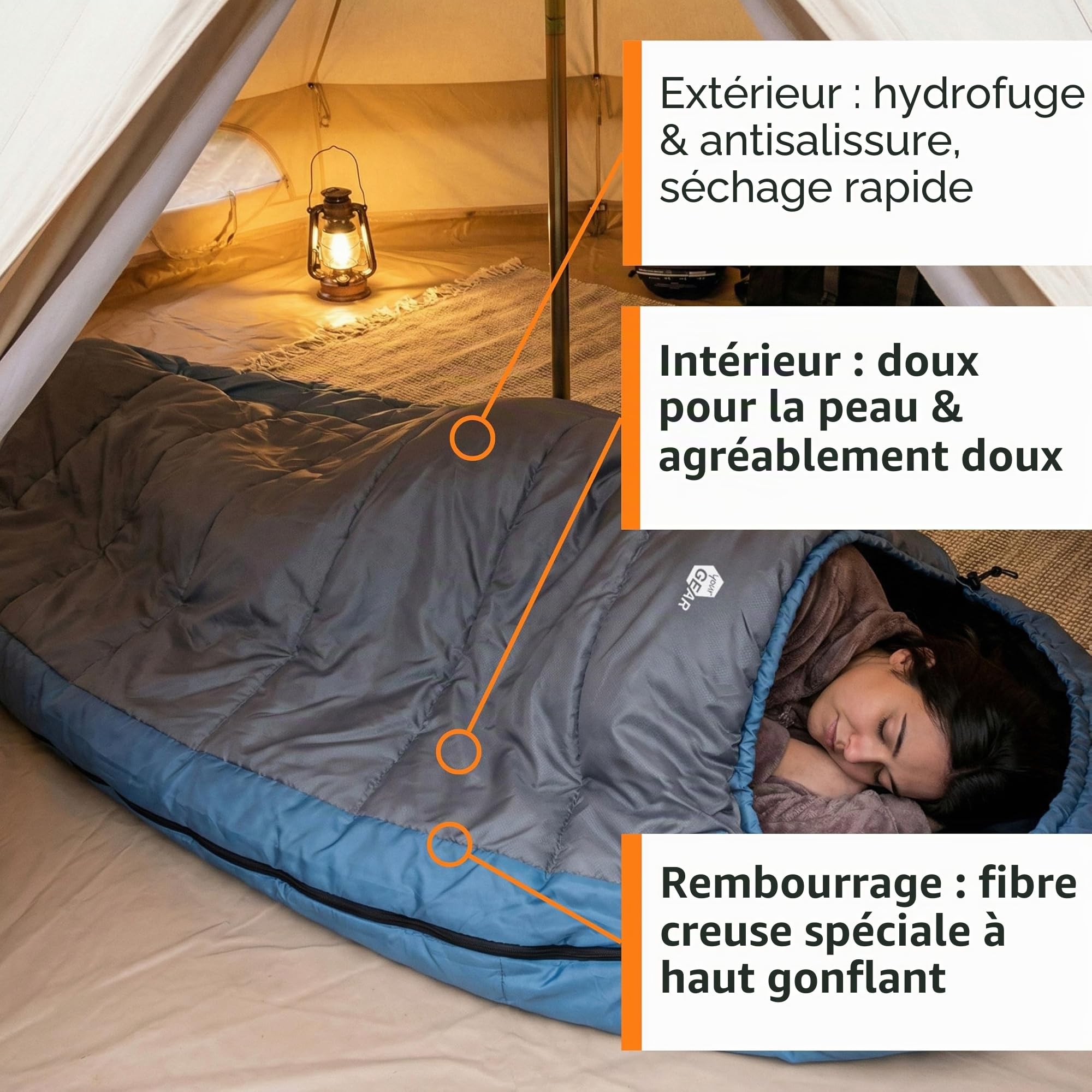 your GEAR Sac de couchage de camping Calima XXL - -10 °C - Très large - 230 x 110 cm - Avec capuche - Bleu/gris