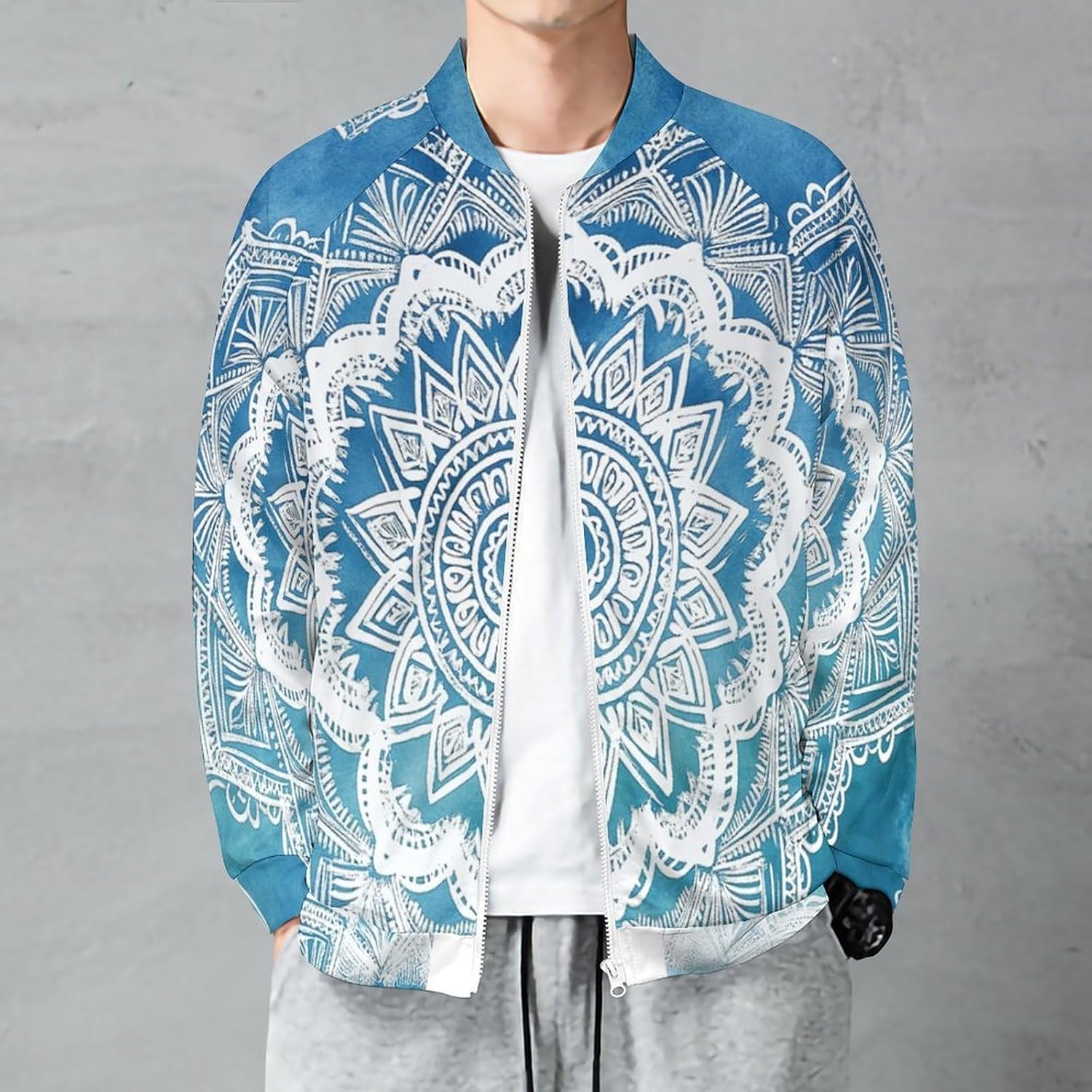 Men's Varsity Jacket Zipper Windbreaker, Mandala Bomber Jackets, Lightweight Casual Long Sleeve Coats Streetwear