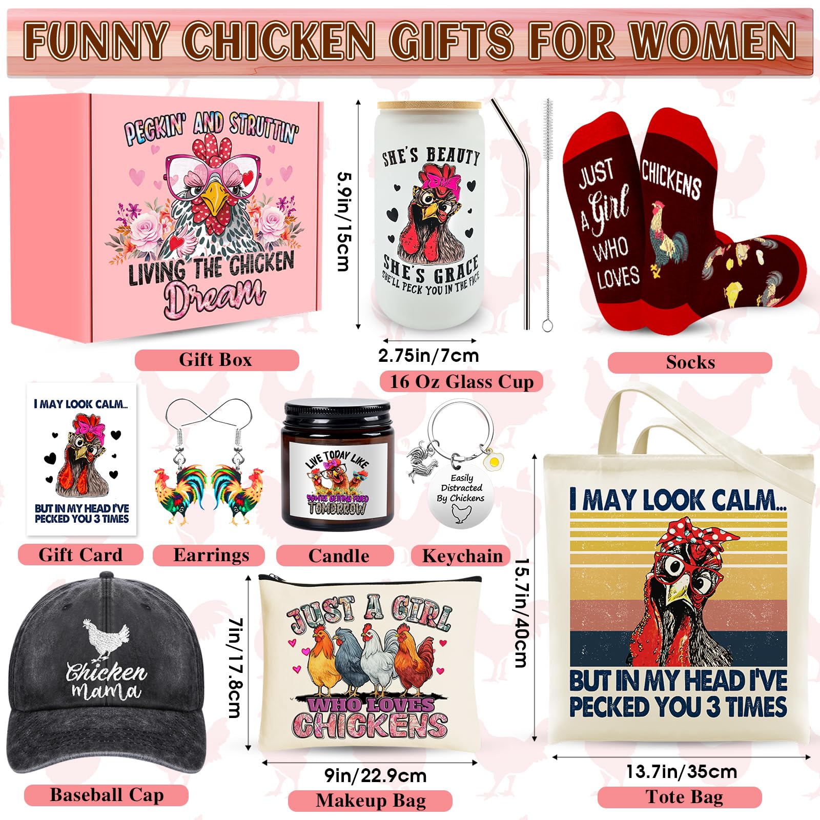 Chicken Gifts, Chicken Lover Gifts for Women, Funny Chicken Stuff with Glass Cup Tote Bag Makeup Bag Baseball Hat Candle Socks Keychain Earrings for Lady, Chicken Mom Birthday Chirstmas Gifts