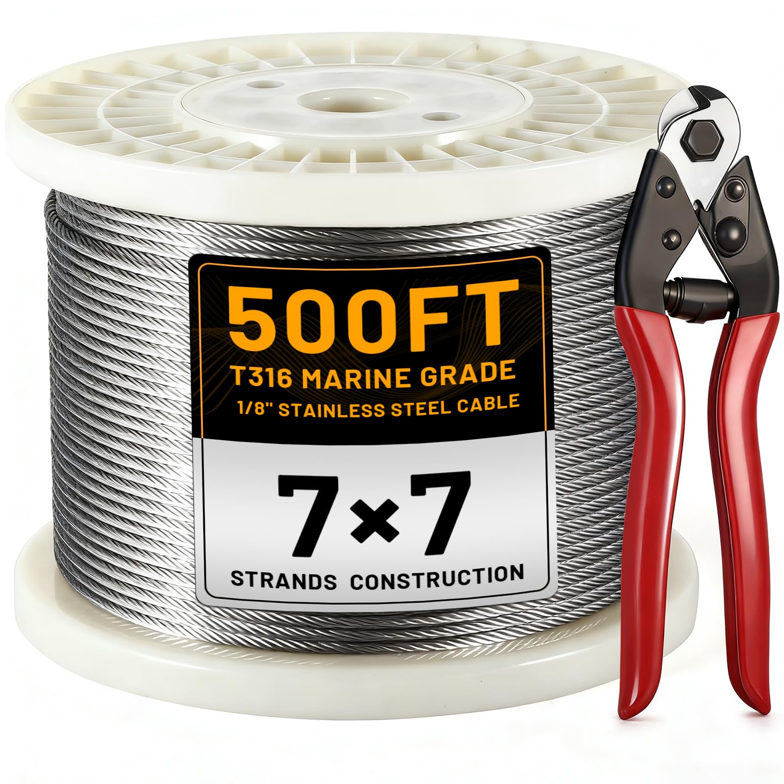 AHEONLAR 500FT 1/8" T316 Stainless Steel Cable for Railing,7x7 Wire Rope with Cutter,1850 lb Breaking Strength,Deck Stair Fence Hardware Kit for Indoor Outdoor Use,Silver
