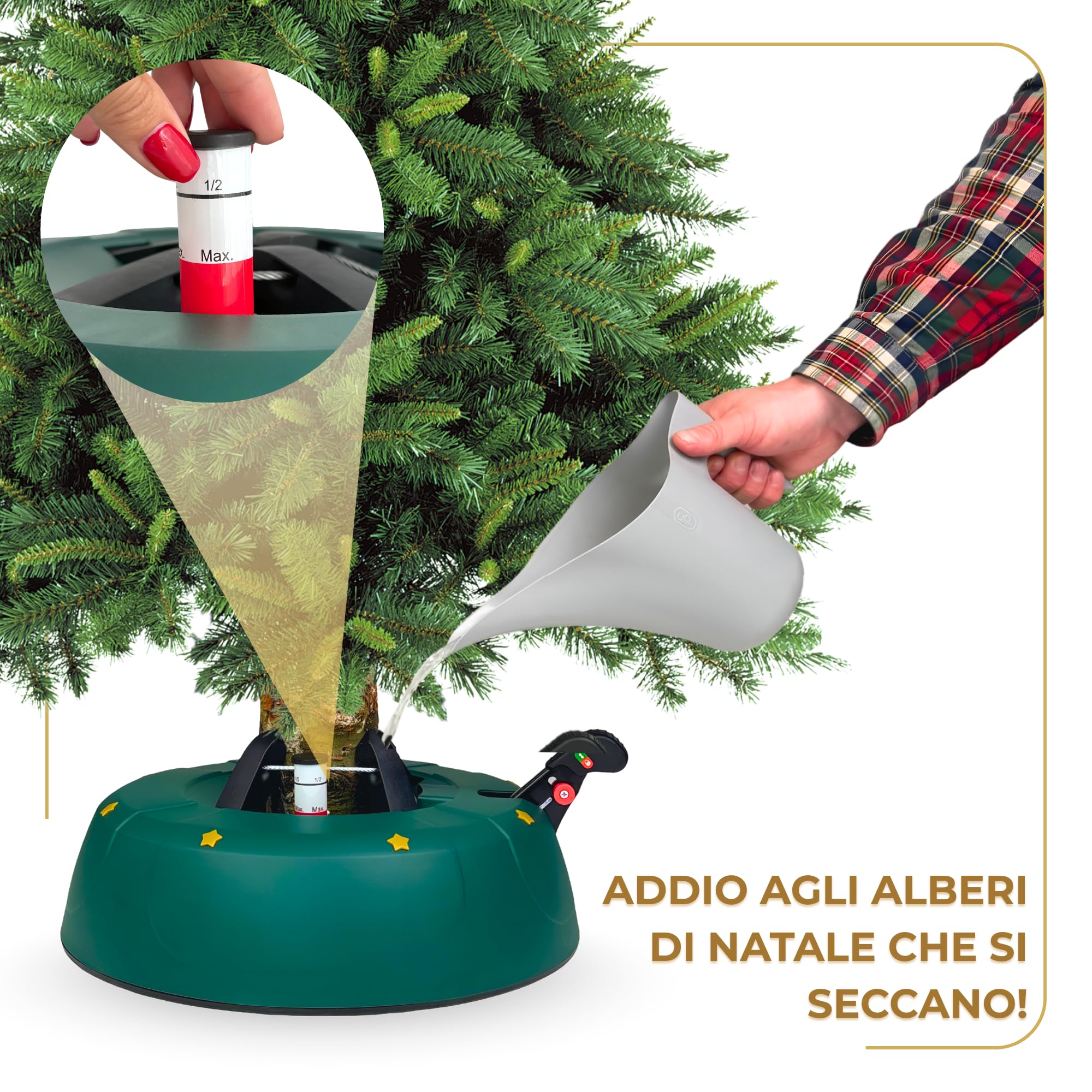 Supporto per albero di Natale fino a 3 m con pedale e sistema a corda, base stabile con serbatoio d’acqua da 3 L, design Verde Opaco con stelle – Kamai