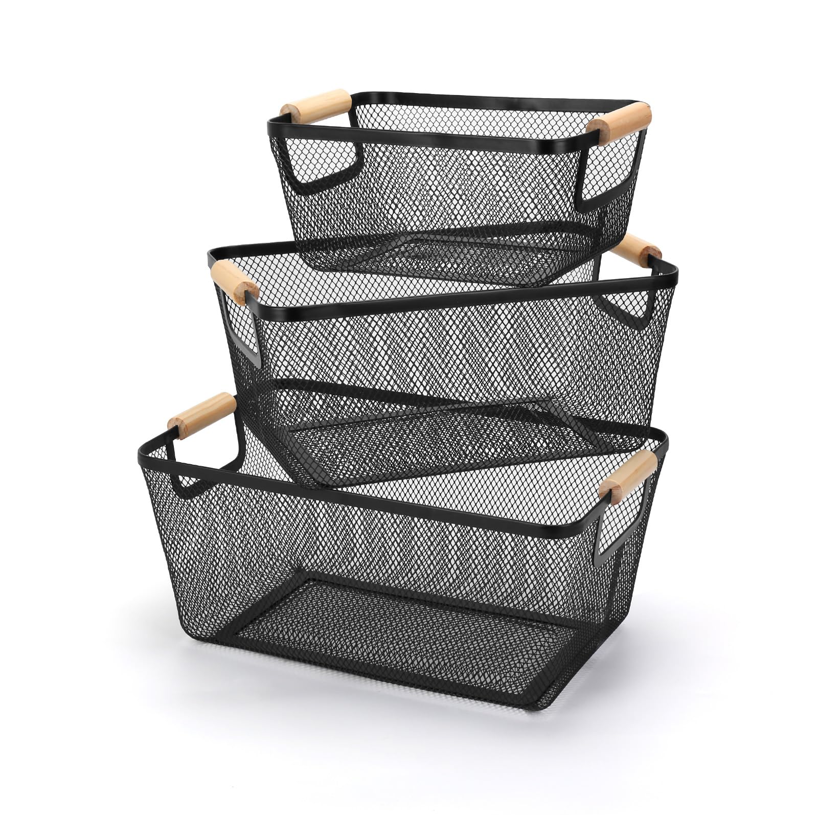 Metal Mesh Wire Basket, Steel Storage Multi-Functional Pantry Storage Basket Containers , with Wooden Handle for Kitchen,Wire Baskets for Pantry Family Cabinet, Closet, Picnic, Home (Black,3pcs)