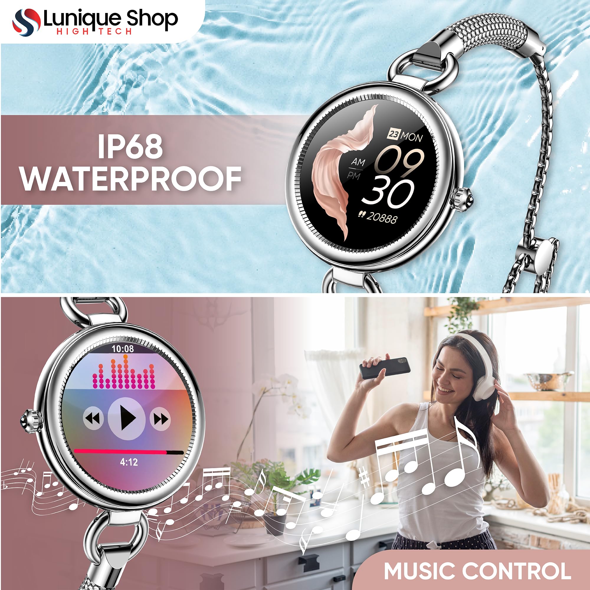 Nowość LSBEAUTY Rhinestone Inteligentny zegarek damski Smartwatch Tlen krwi, napięcie krwi, tętno, krokomierz pogoda muzyka inteligentna bransoletka iOS/Android srebrny