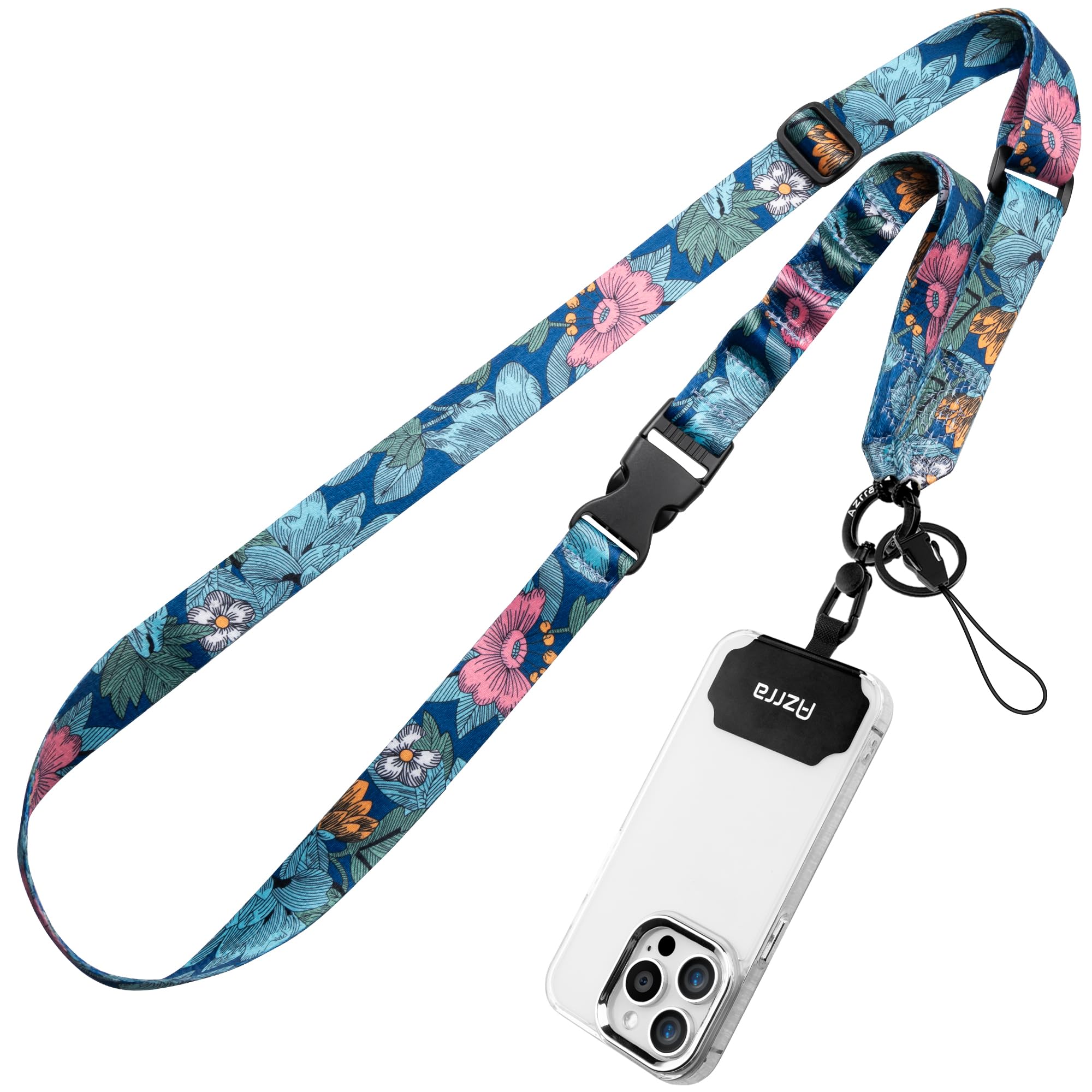 Azrra Phone Lanyard Crossbody, Cellphone Lanyard for Around the Neck, Adjustable Anti Theft Phone Strap, Black Crossbody Strap for iPhone Case, Keys, Earphone, Sunglasses, Wallet (Blue - Floral)