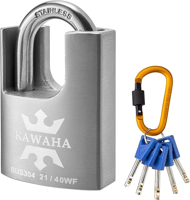 KAWAHA 21/40KD-5K High Security Stainless Steel Shrouded Padlock with Key for Both Indoor and Outdoor use (SUS304 Stainless Steel, Heavy Duty, Anti-Rust) (1-9/16 in. (40mm), Keyed Different - 5 Keys)