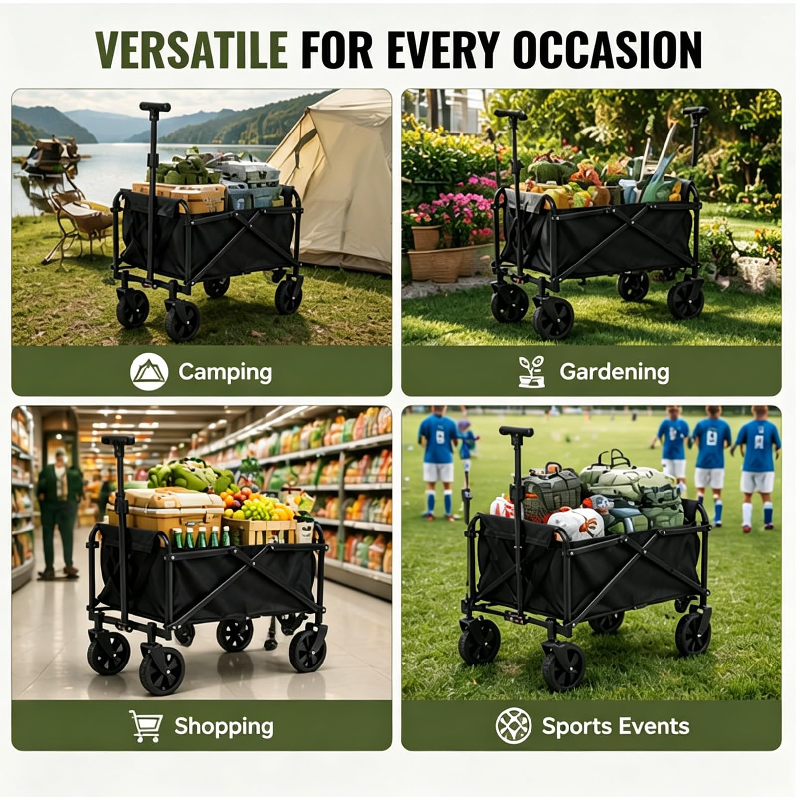 Chariot de Transport Pliable léger et Compact - Charge maximale : 50 kg - avec poignée réglable - Peu encombrant - pour Le Shopping, Le Camping, la Plage, Les Excursions - Tissu Oxford - Noir - Mini