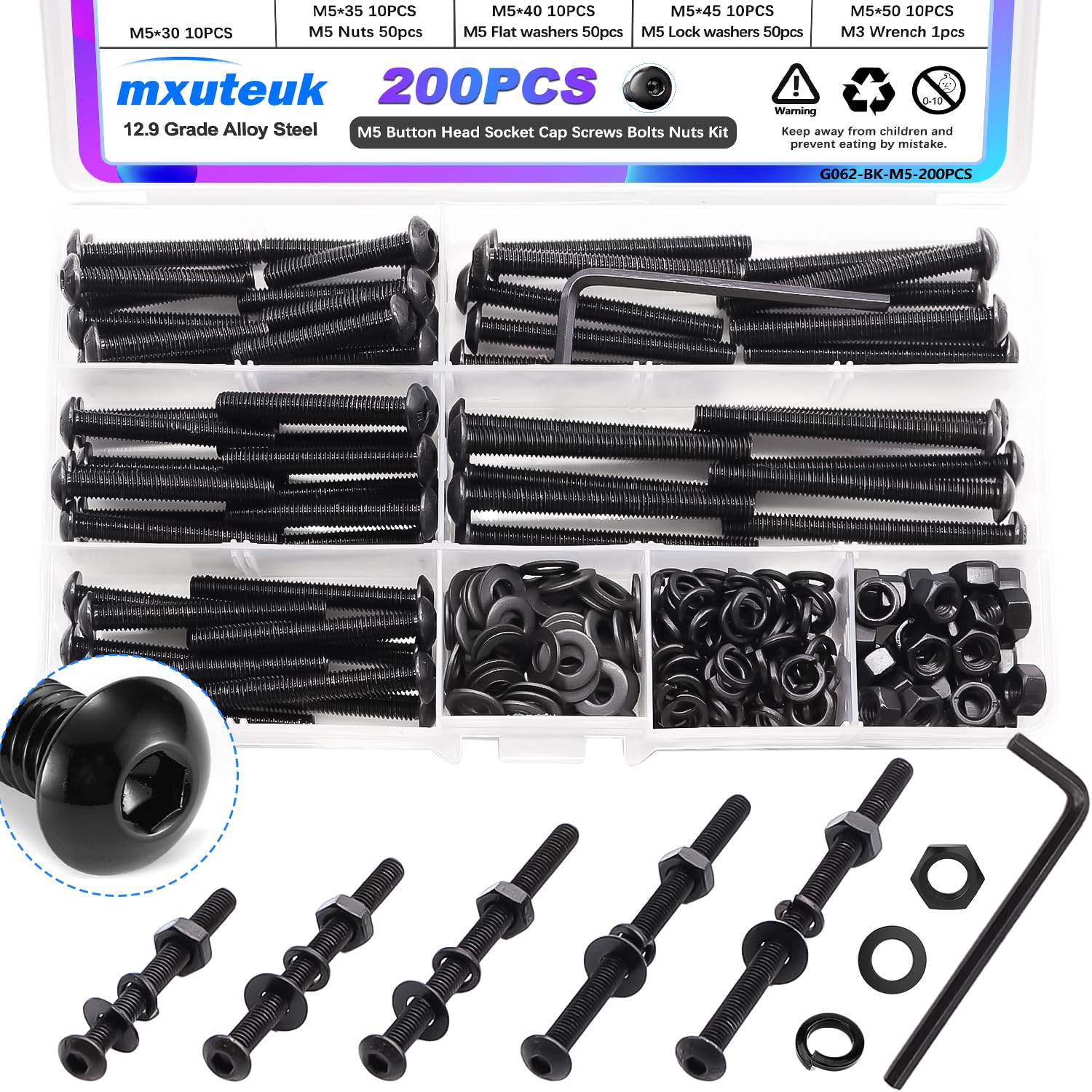 mxuteuk M5 Screws Assortment Set,M5 x 30/35/40/45/50mm Button Head Socket Cap Metric Screws Bolts Nuts Kit,10.9 Grade Alloy Steel M5 Bolts with Hex
