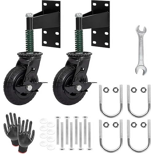2Pcs x 6in Heavy Duty Gate Wheels with Spring Loaded Caster Kit, Swivel Fence Gate Support Wheels with Brake, 600lbs Load Each, for Wooden & Metal Gates, Easy Installation