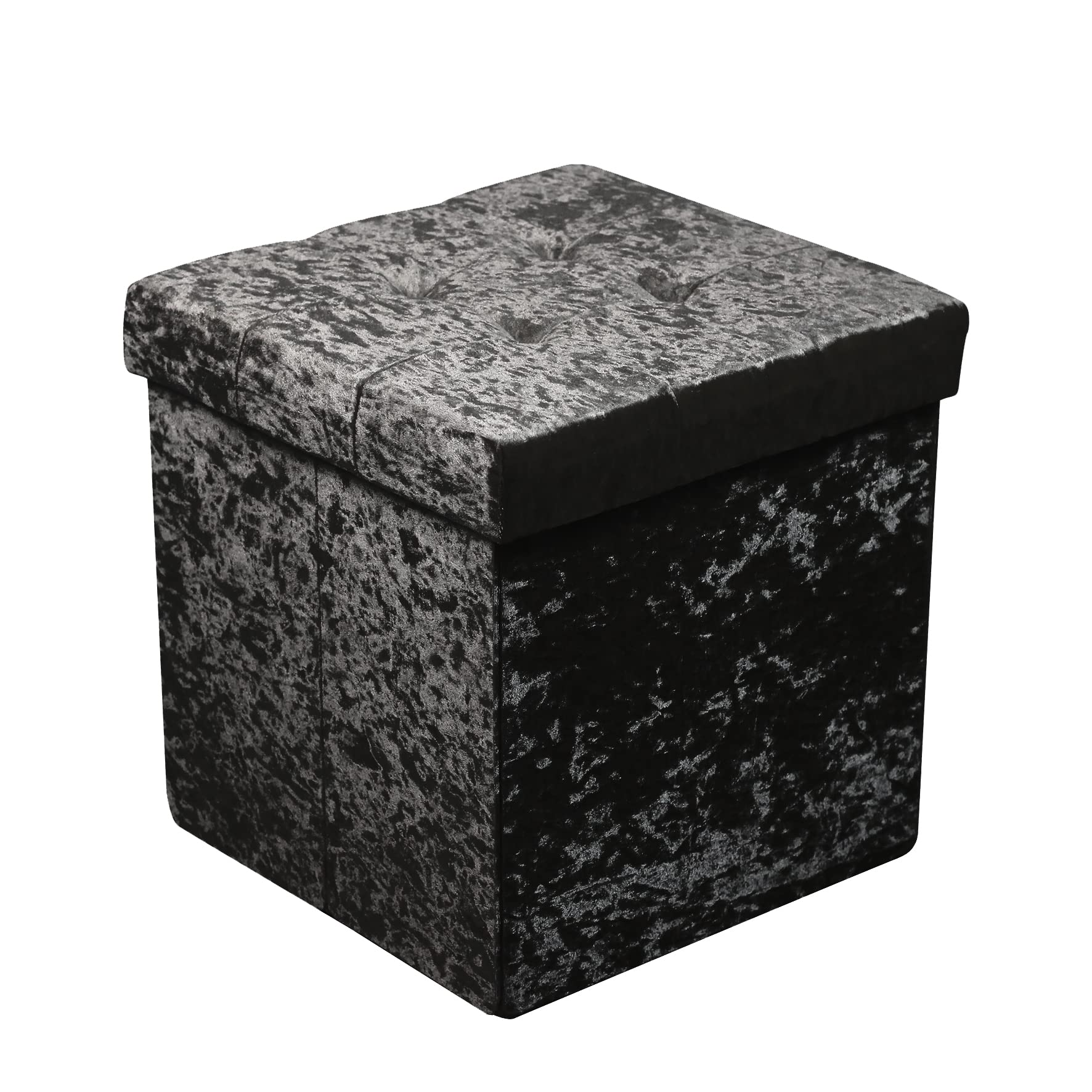 HomeHarmony® Crushed Velvet Quilted Top Folding Storage Ottoman Seat, Stool, Toy Storage Box (Medium Black)