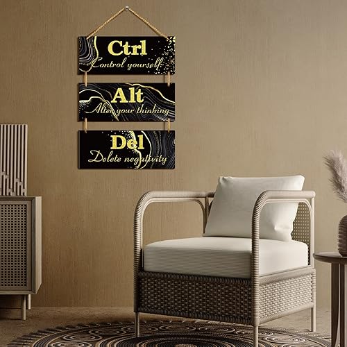 Miniatura 7 de Qunclay Decoración de pared de oficina negra y dorada Ctrl Alt Del inspirador rústico para colgar en la pared, letreros de madera, arte motivacional