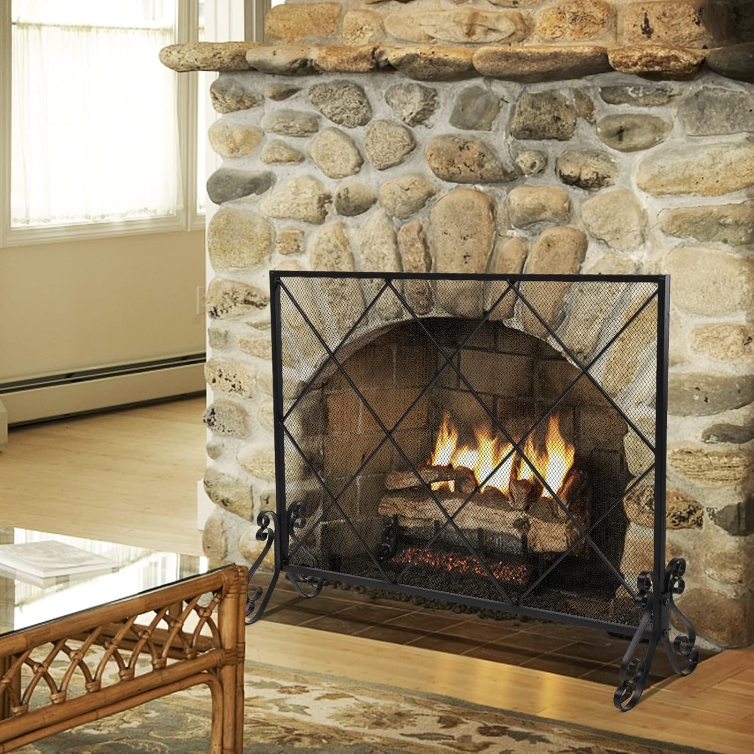 Fireplace Doors Fireplace Screen Fireplace Spark Screen Metal Wire Large Grid Wire Decorative Iron Mesh Fireplace Screens Decorative Fire Screen Fireplace Tools,Black
