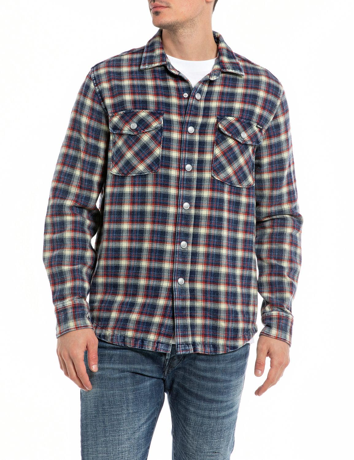 Replay Men's Long Sleeve Checked Shirt, Blue/Lt Cream/Red 010 (Multicolored), S